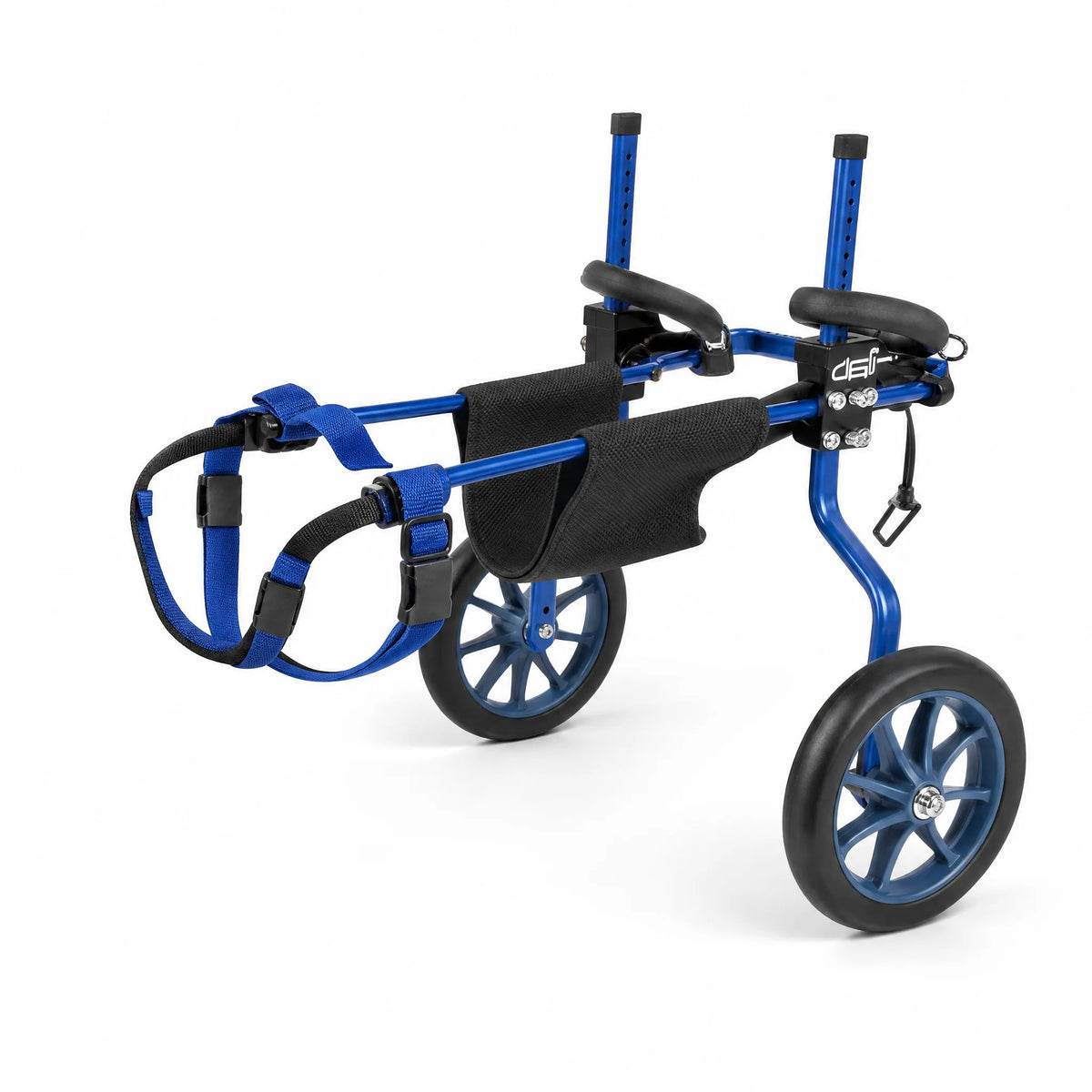 Carrello per cani disabili con telaio blu regolabile e sella imbottita nera