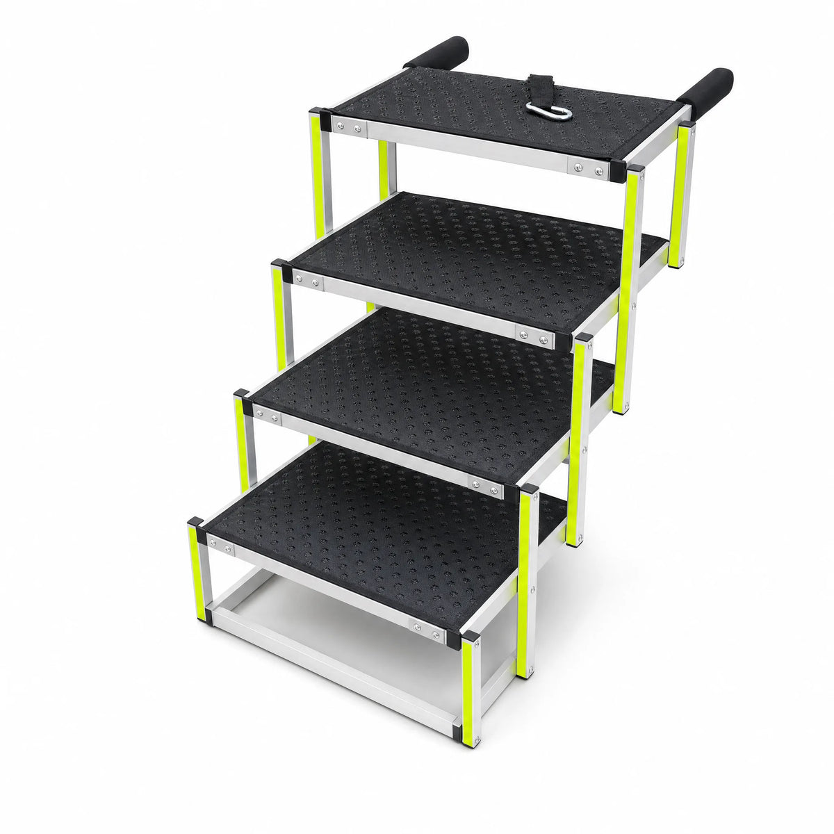 Scaletta auto pieghevole per cani StepFlex in alluminio con gradini gommati antiscivolo e profili gialli, sfondo bianco