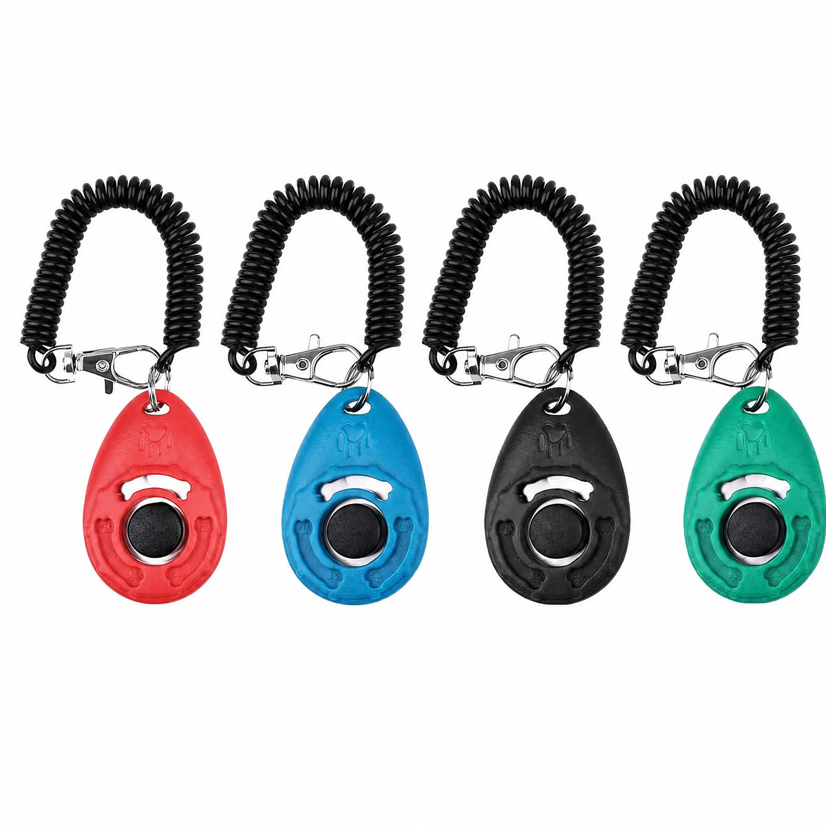 Set 4 clicker per cani rosso nero azzurro verde su sfondo bianco