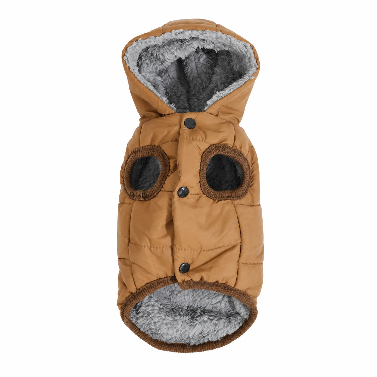 Cappottino cane imbottito cammello su sfondo bianco