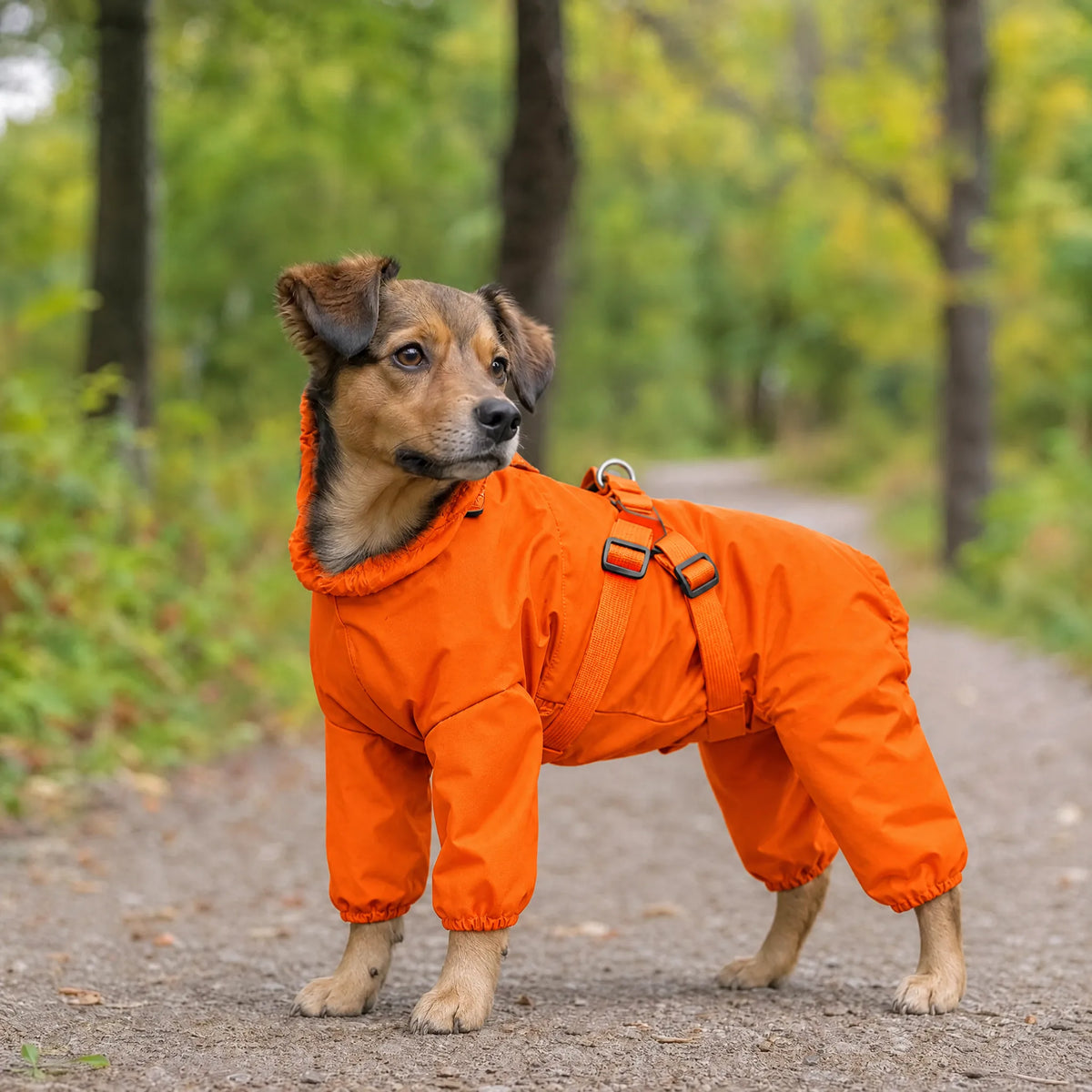 Cane all'aperto con impermeabile arancione e pettorina integrata