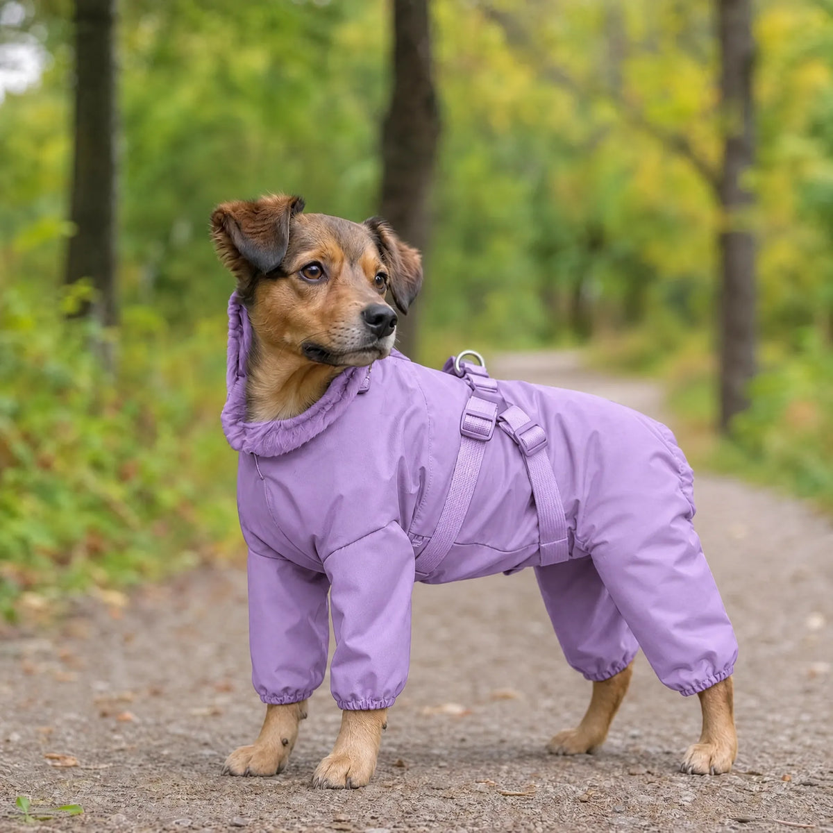 Cane all'aperto con impermeabile lilla e pettorina integrata