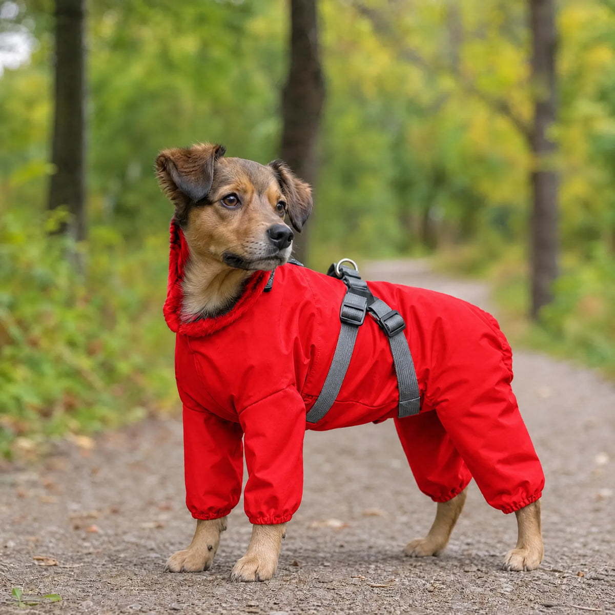 Cane all'aperto con impermeabile rosso e pettorina integrata