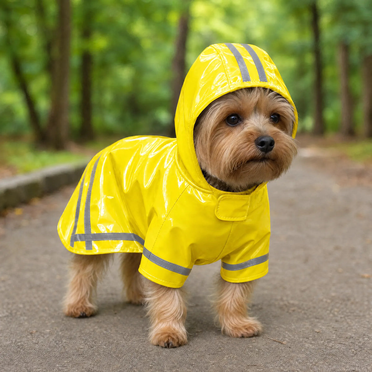 Cucciolo in passeggiata nel parco con impermeabile con cappuccio giallo lucido
