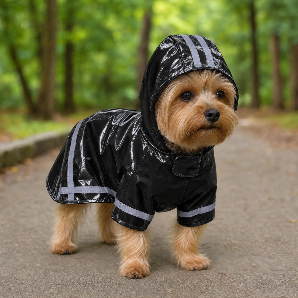 Cucciolo in passeggiata nel parco con impermeabile con cappuccio nero lucido