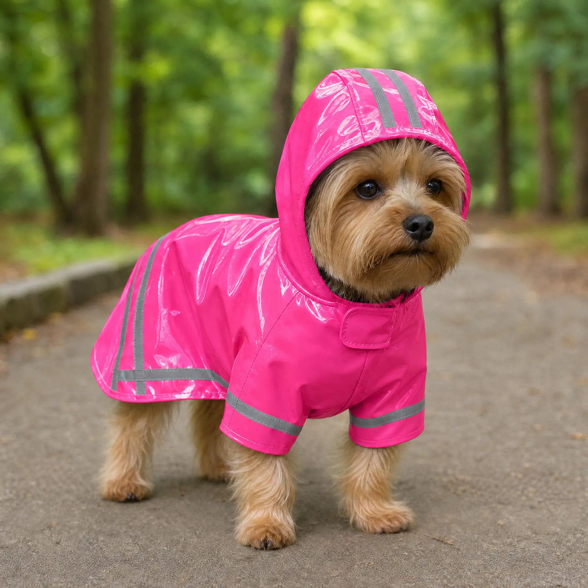 Cucciolo in passeggiata nel parco con impermeabile con cappuccio rosa lucido
