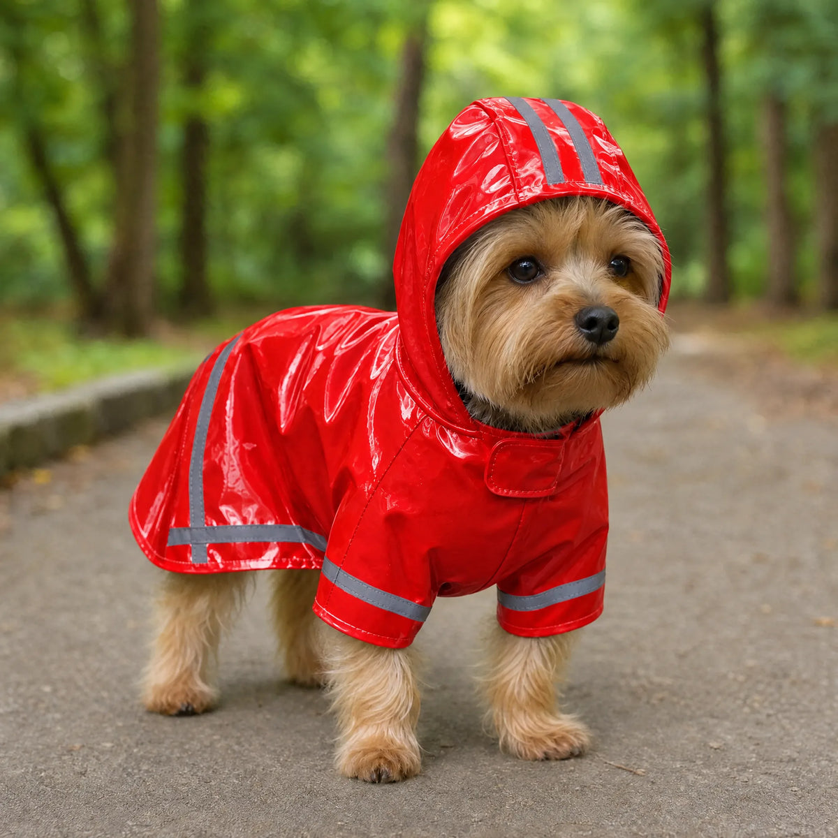 Cucciolo in passeggiata nel parco con impermeabile con cappuccio rosso lucido