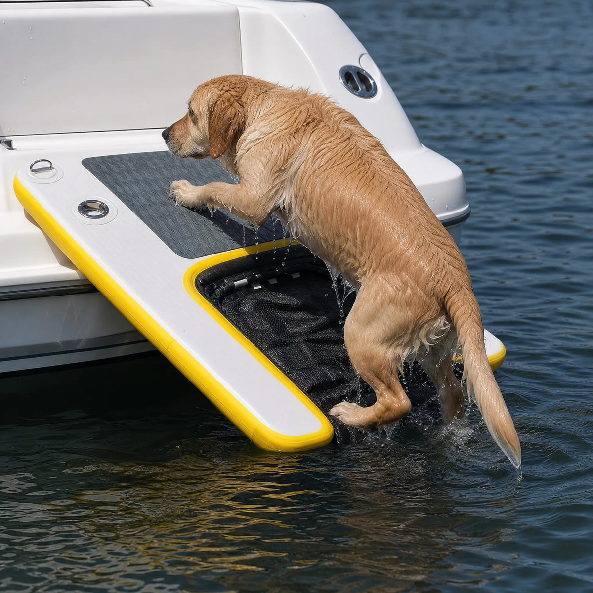 Cane bagnato che risale sulla poppa della barca usando la rampa gonfiabile