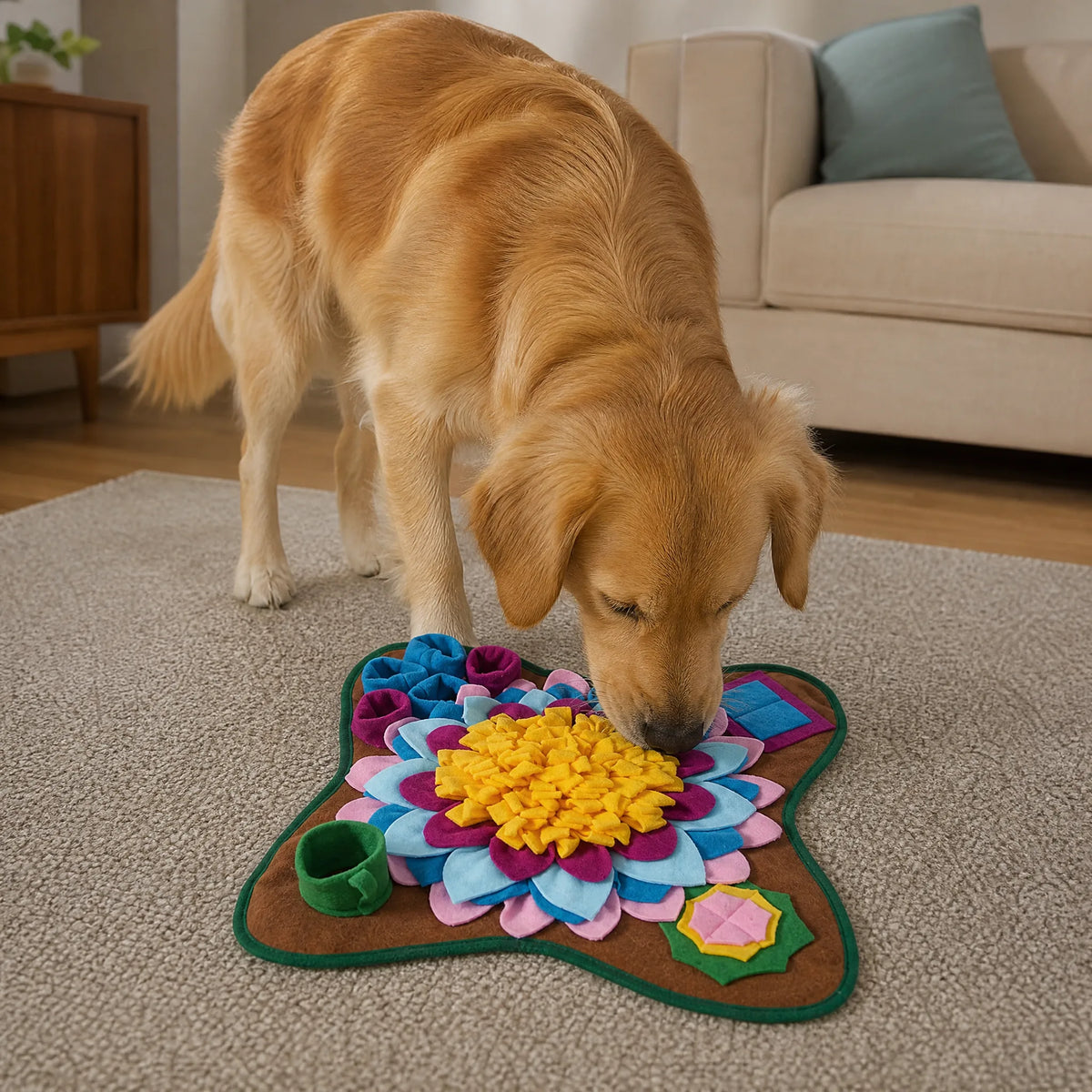 Cane che cerca bocconcini sul tappetino olfattivo a fiore