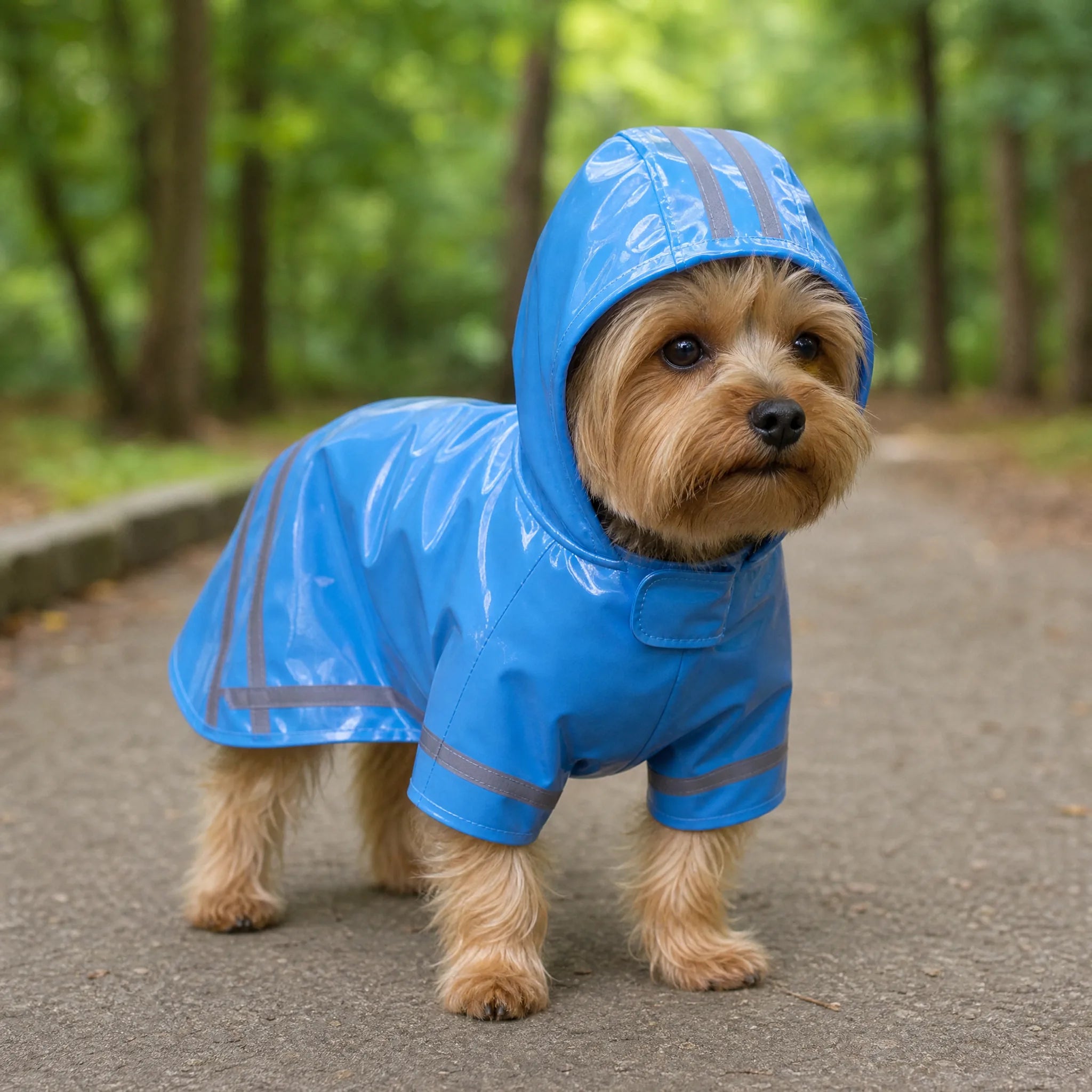 Cucciolo Yorkshire con impermeabile hoody lucido blu all'aperto