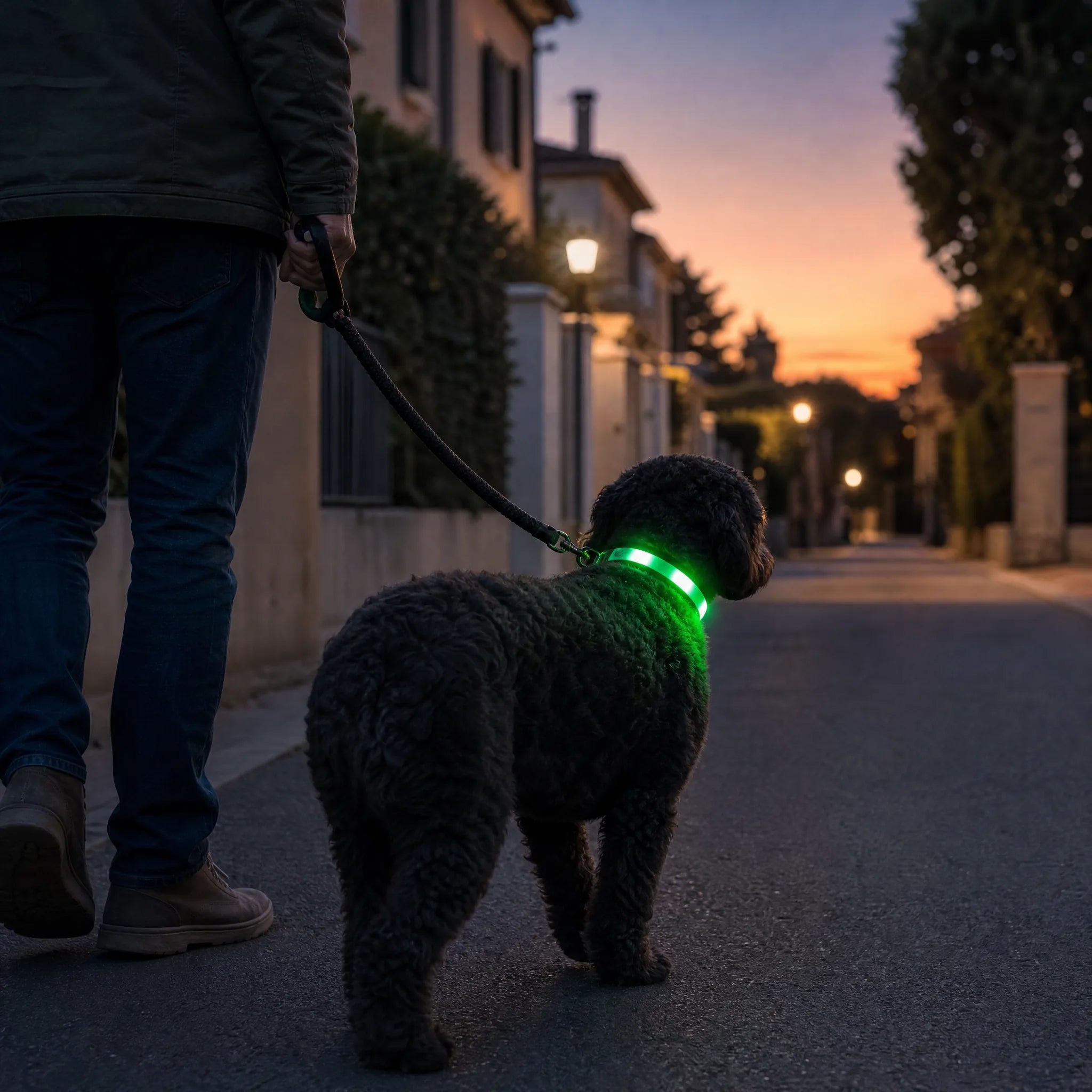 Cane al guinzaglio durante una passeggiata serale con collare luminoso LED verde acceso