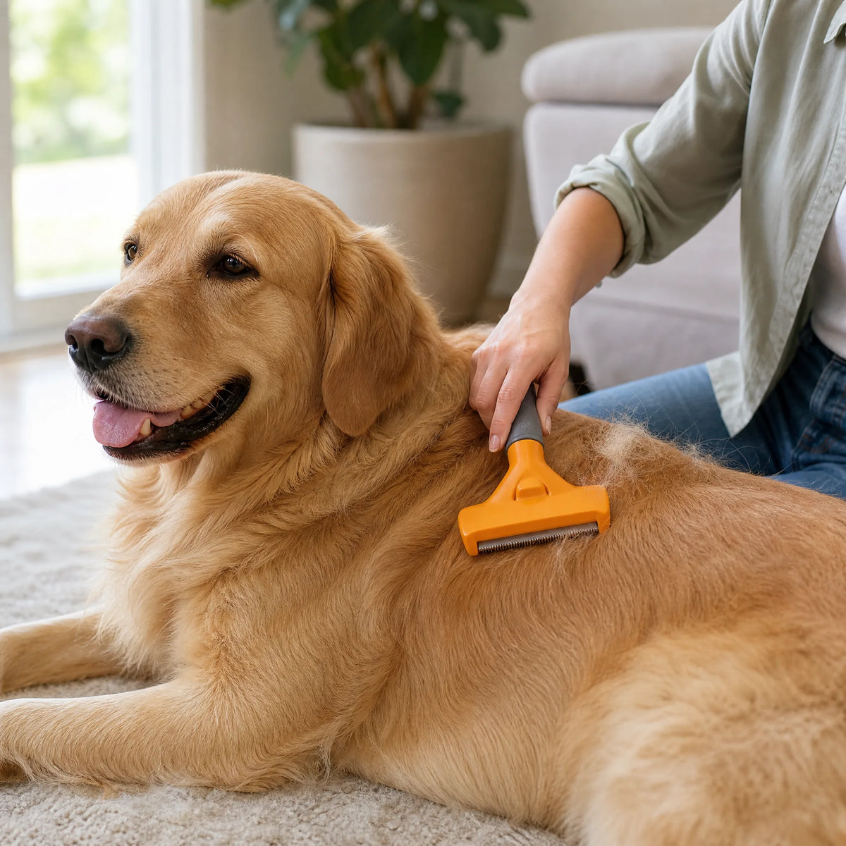Spazzola sottopelo cane in uso su golden retriever in salotto