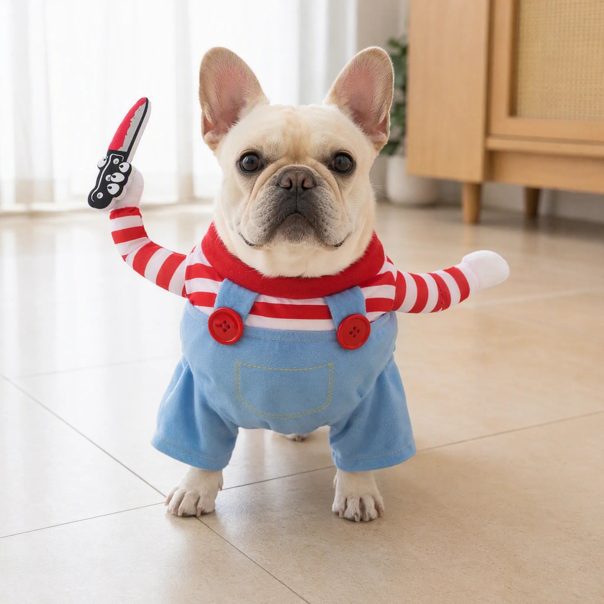 Cane con costume halloween braccia imbottite blu