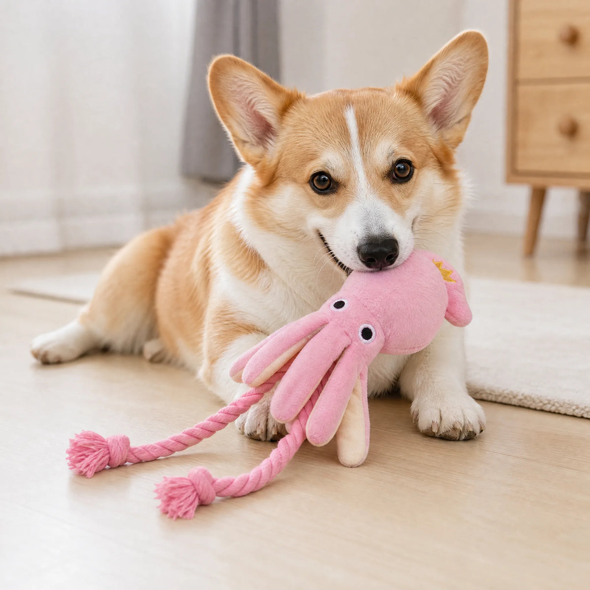 Cane con gioco polpo corda rosa peluche sonoro
