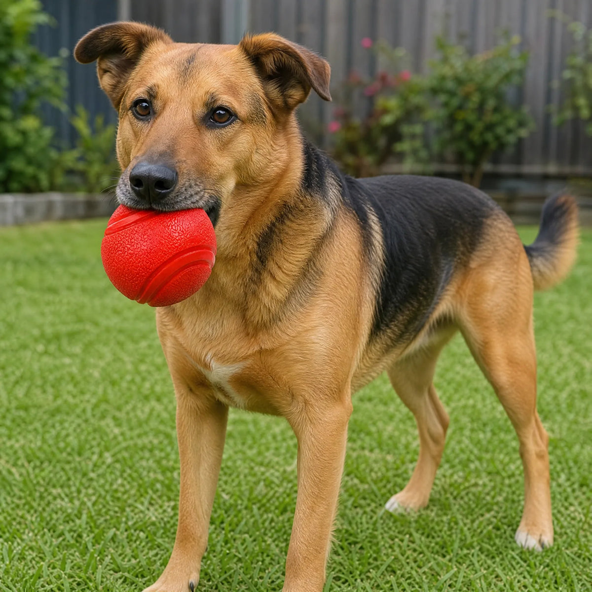 Cane in giardino con palla in gomma solida rossa in bocca