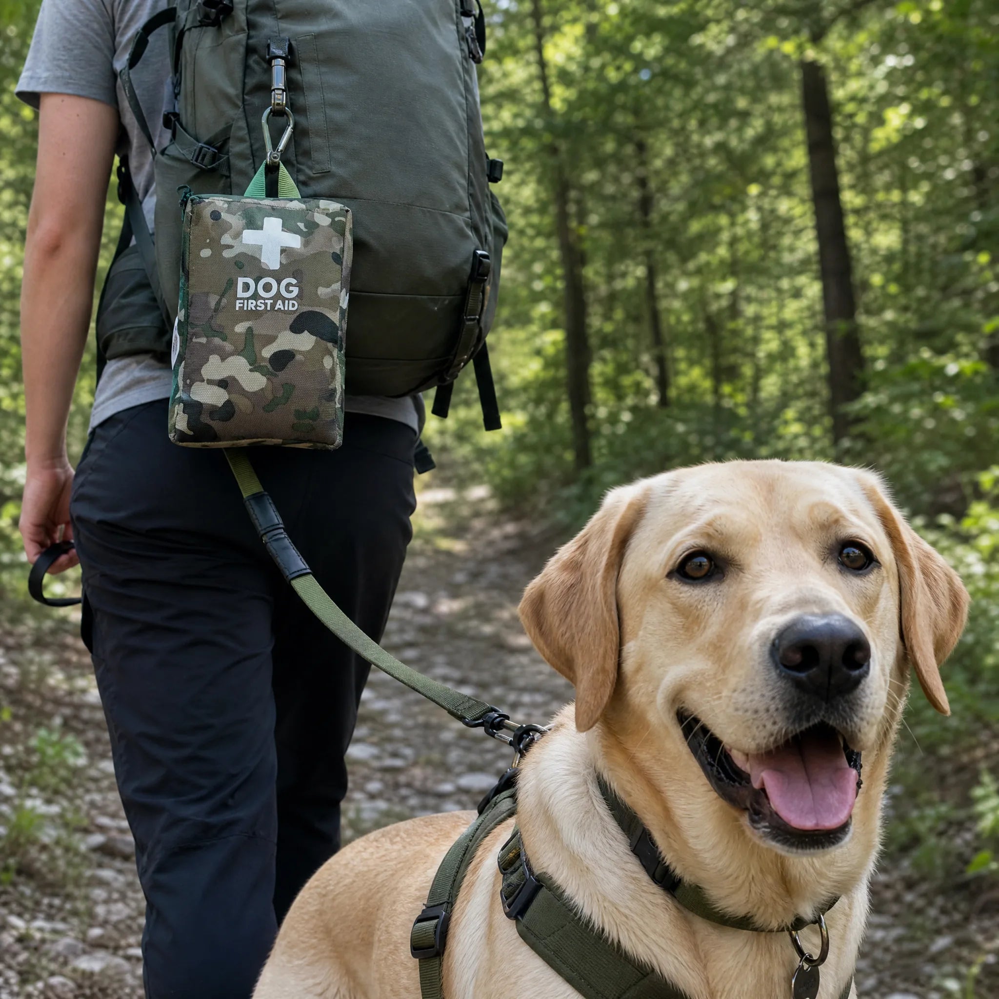 Kit pronto soccorso per cani agganciato allo zaino durante un escursione con un labrador