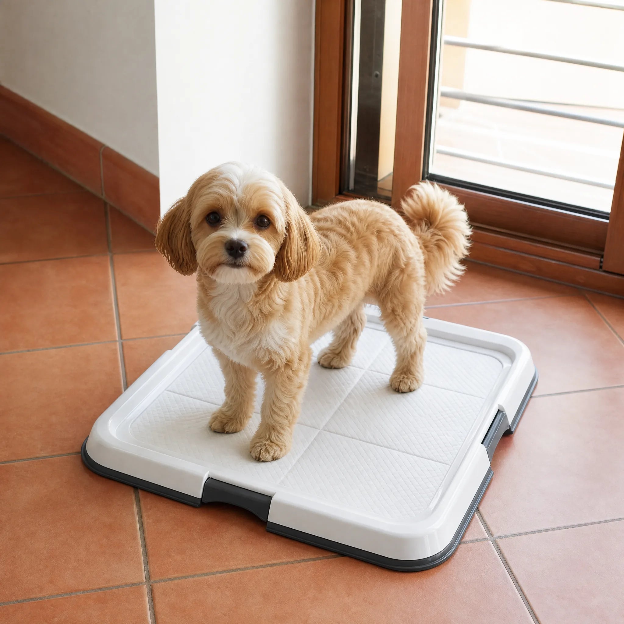 Vassoio toilette per cani 60x60 con cane che usa la traversina in casa