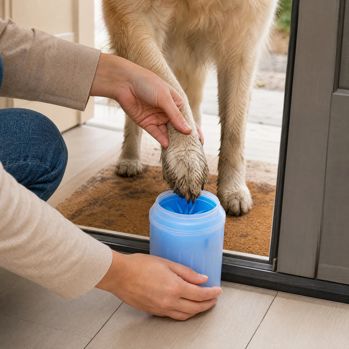 Zampa fangosa del cane nel pulisci zampe a bicchiere