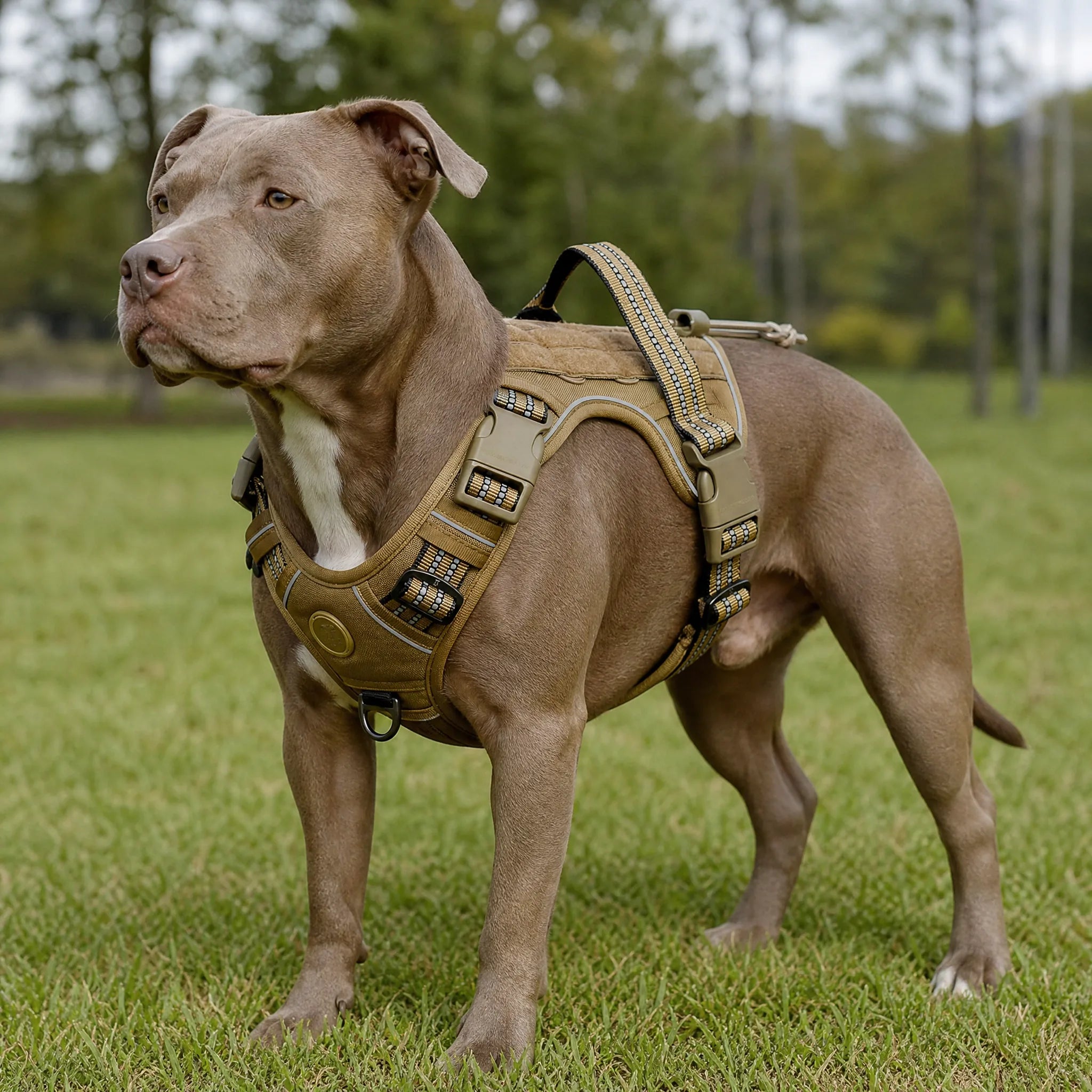 Cane con pettorina tattica MOLLE cachi scuro indossata all'aperto