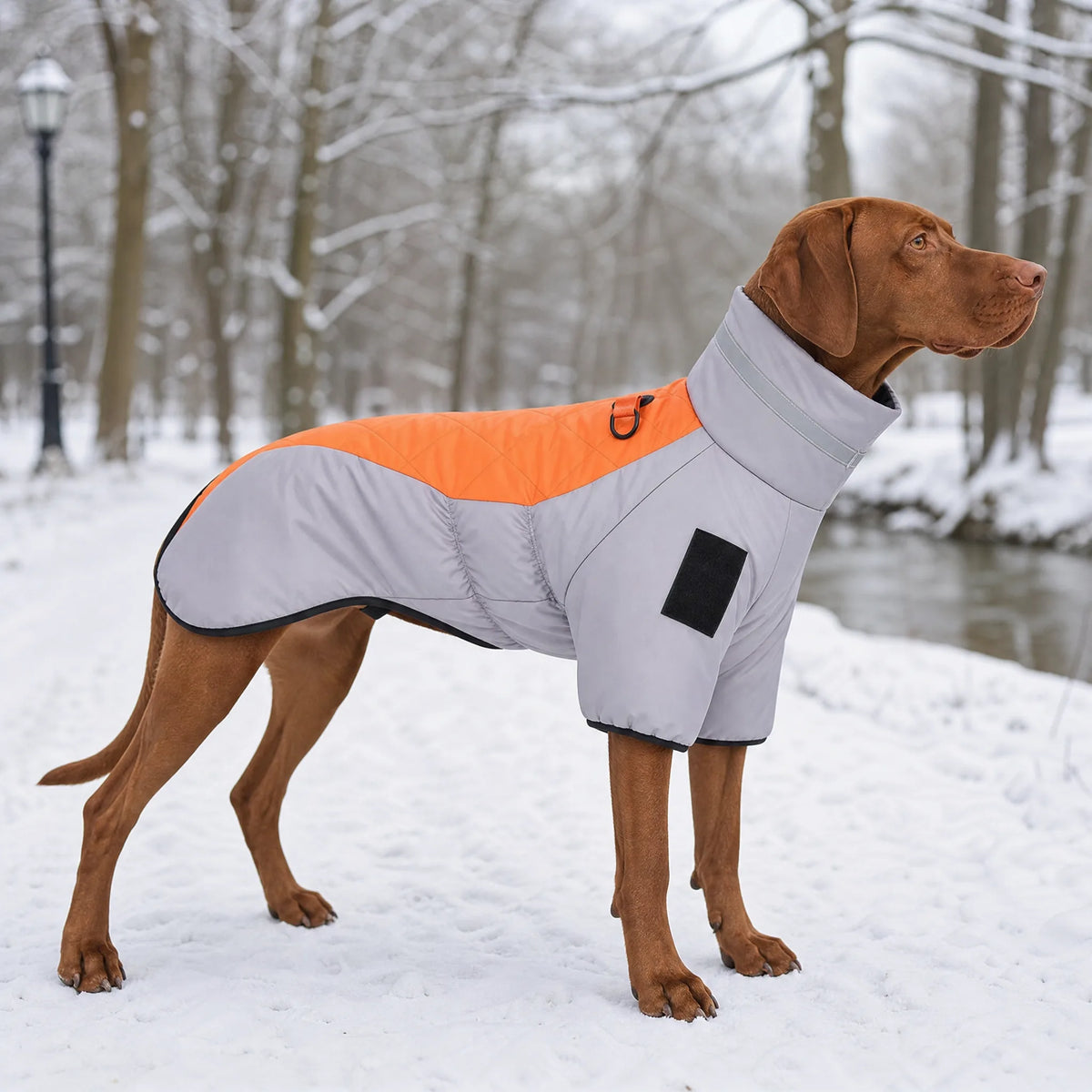 Cane con cappotto invernale bicolore grigio e arancione con pettorina anello D