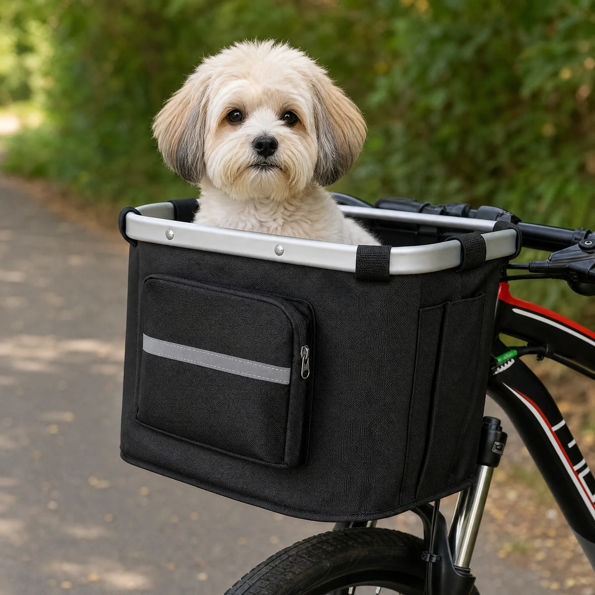 Cane piccolo nel cestino bici pieghevole nero sul manubrio