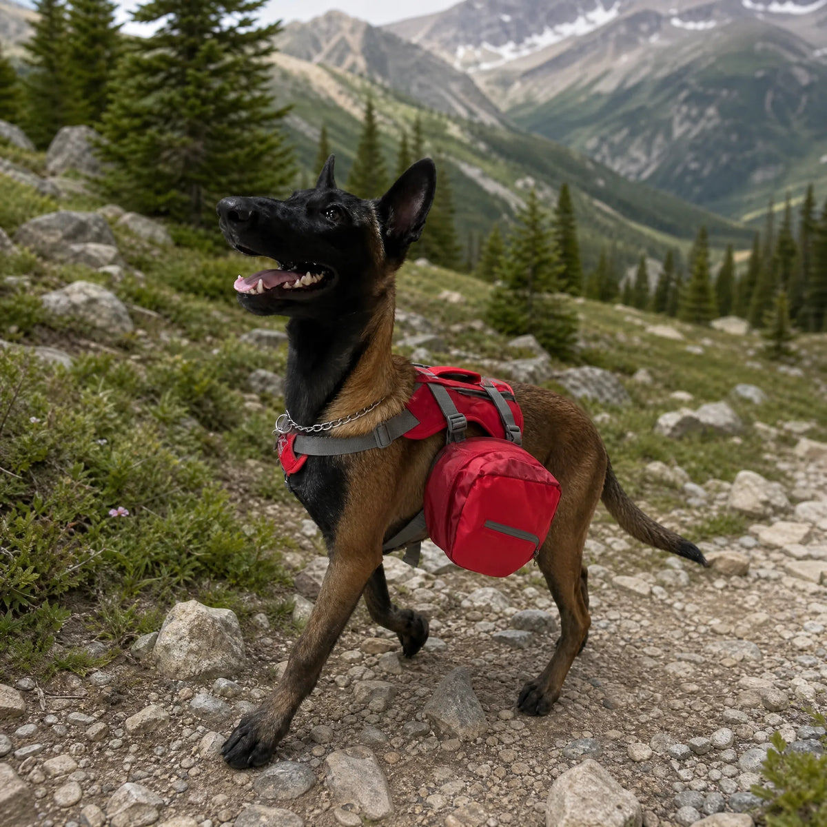 Zainetto per cani da trekking rosso con cinghie grigie indossato da un malinois su un sentiero di montagna