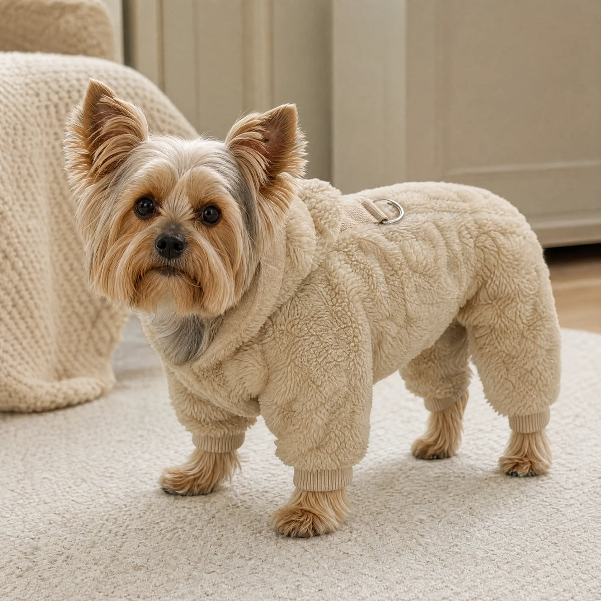 Cane piccolo con tuta pile 4 zampe beige