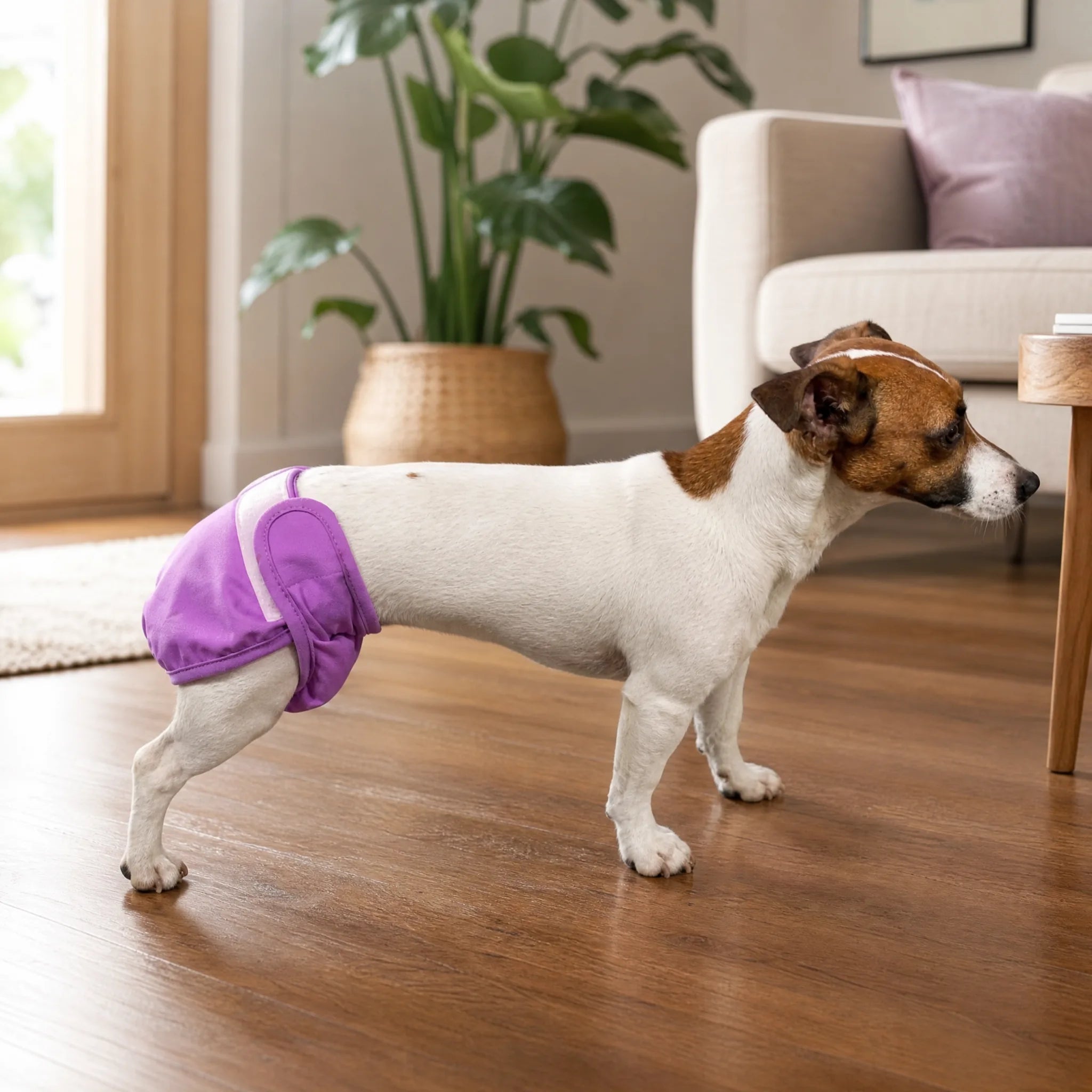 Pannolino lavabile per cani viola indossato da un Jack Russell in salotto