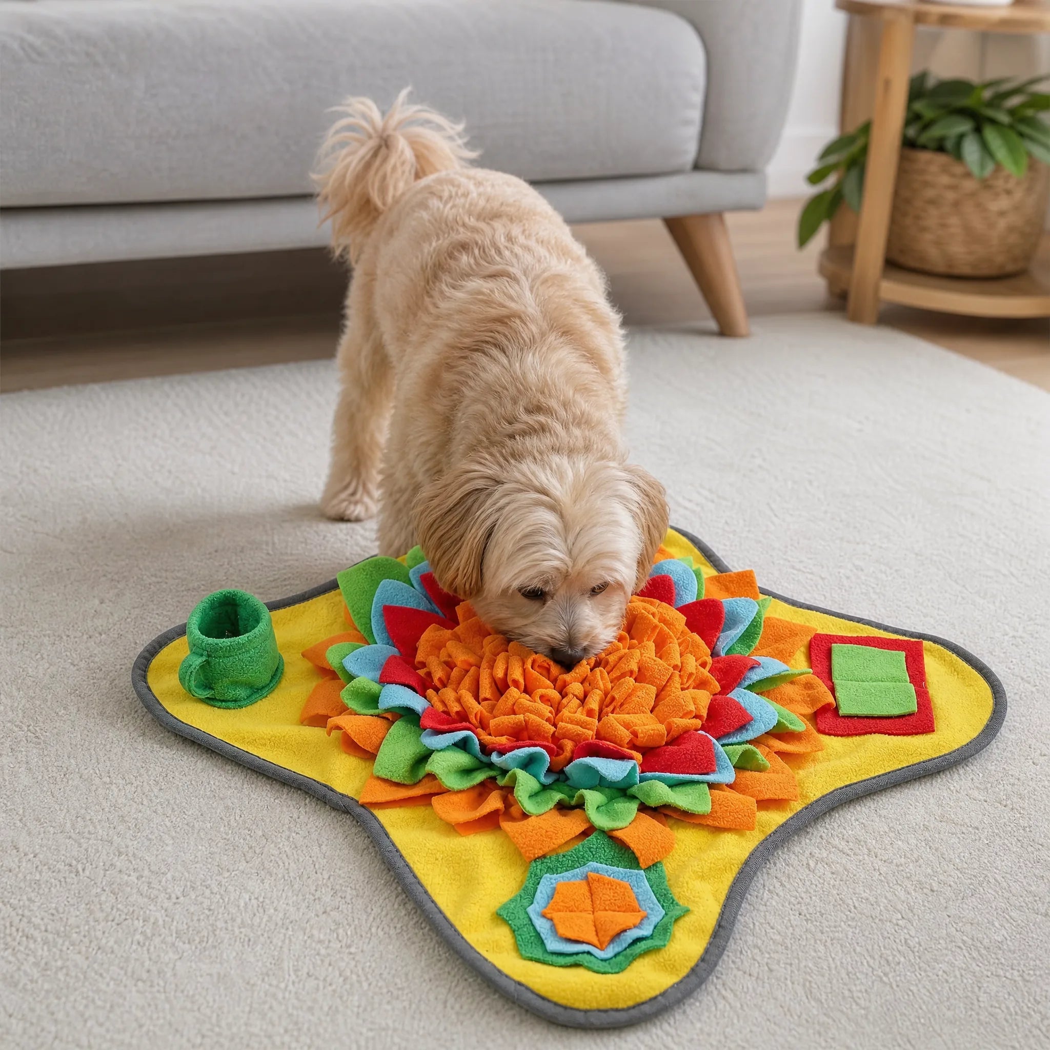 Cane che cerca bocconcini sul tappetino olfattivo puzzle