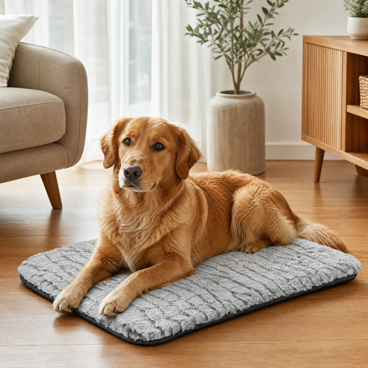 Cane sul materassino autoriscaldante bubble plush grigio — cuccia riscaldata