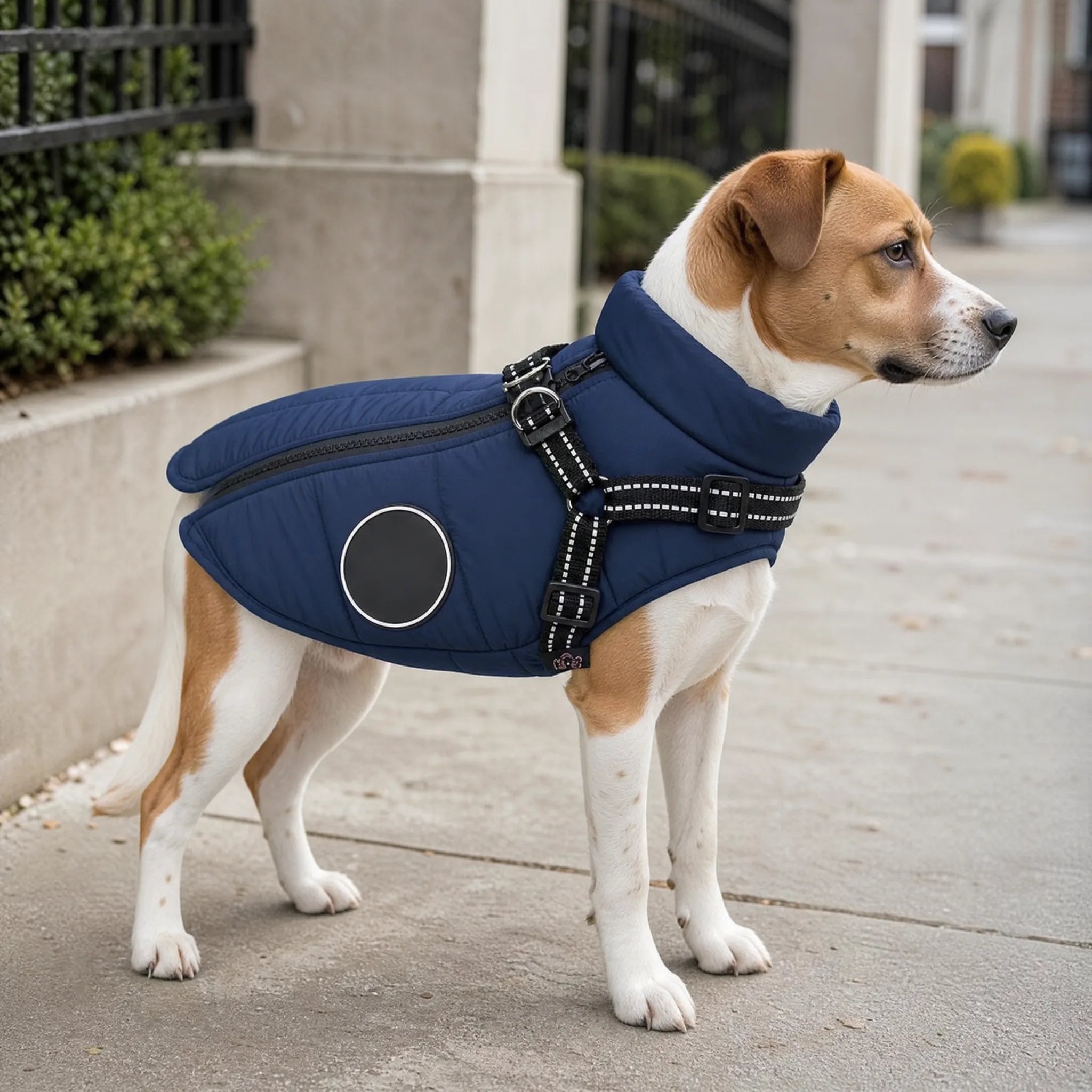Cappottino cane con pettorina indossato — lifestyle