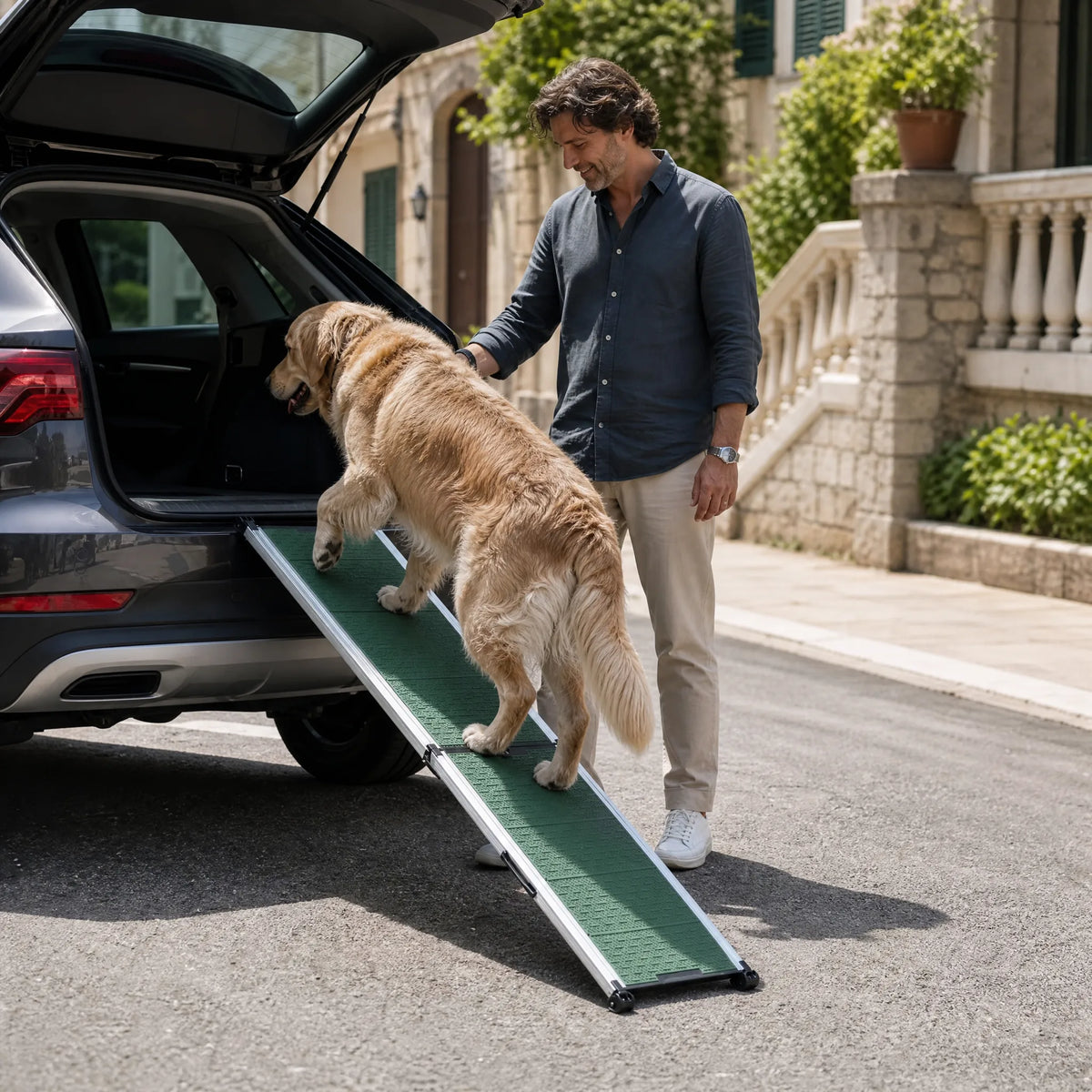 Cane che sale in auto con la rampa per cani pieghevole appoggiata al bagagliaio