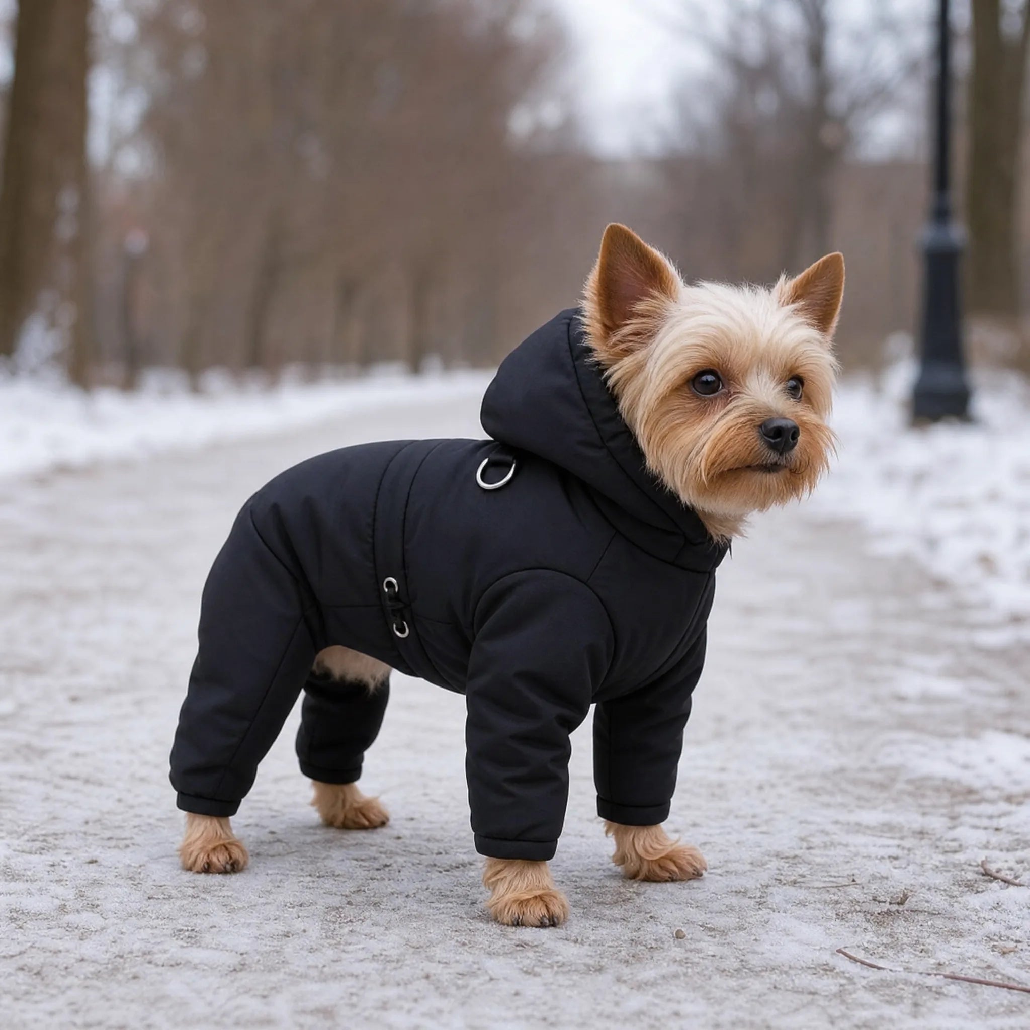 Cane piccolo con tuta invernale full body imbottita nera