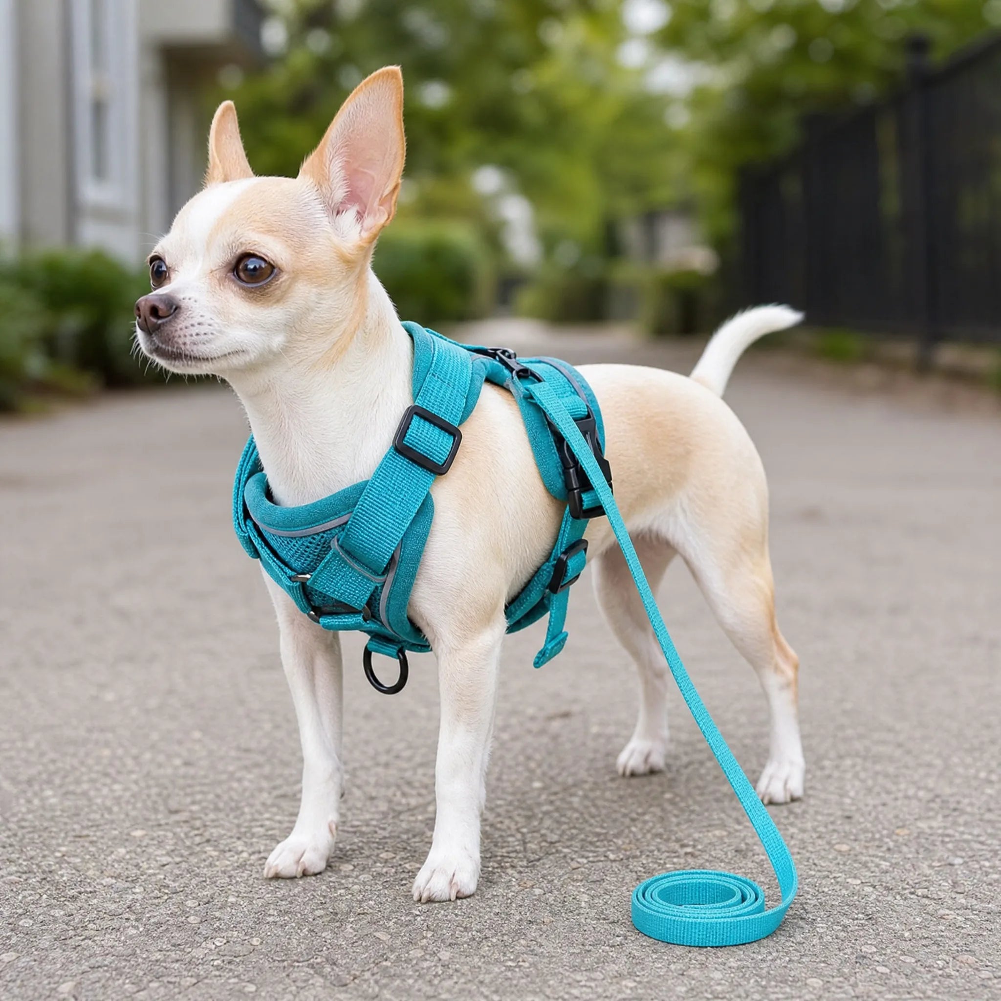 Cane con set pettorina ad H e guinzaglio verde acqua