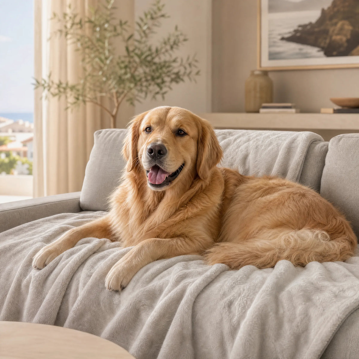 Copertina per cani in pile morbido sul divano con golden retriever
