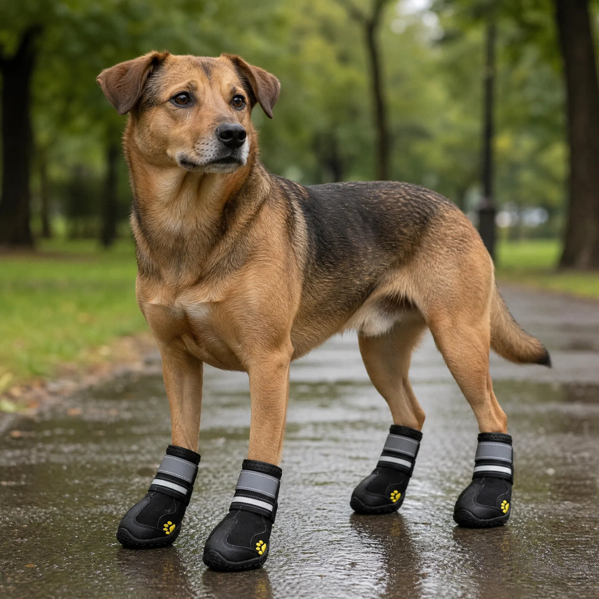 Cane con scarpe impermeabili antiscivolo set da 4 indossate