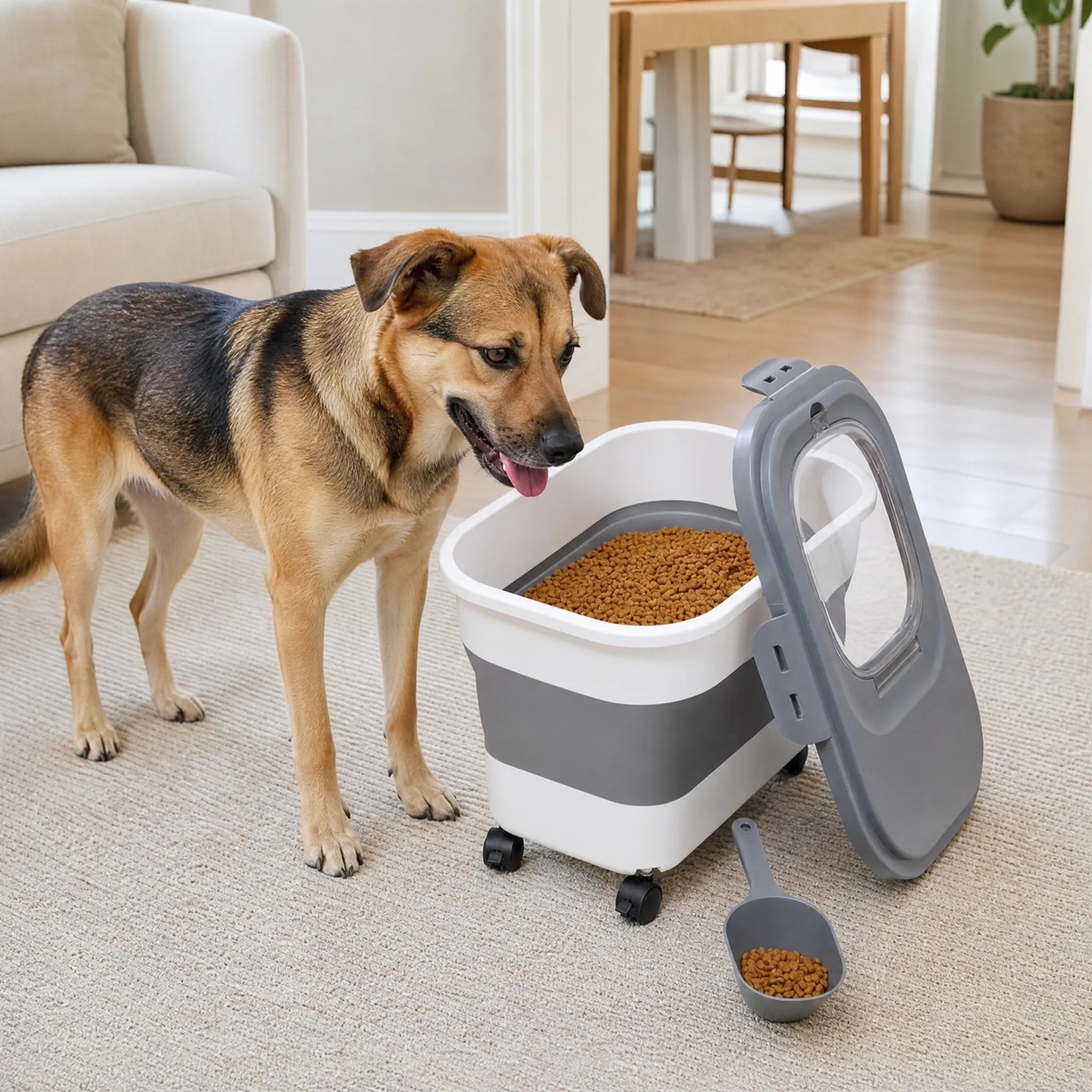 Contenitore crocchette cane pieghevole in uso con cane