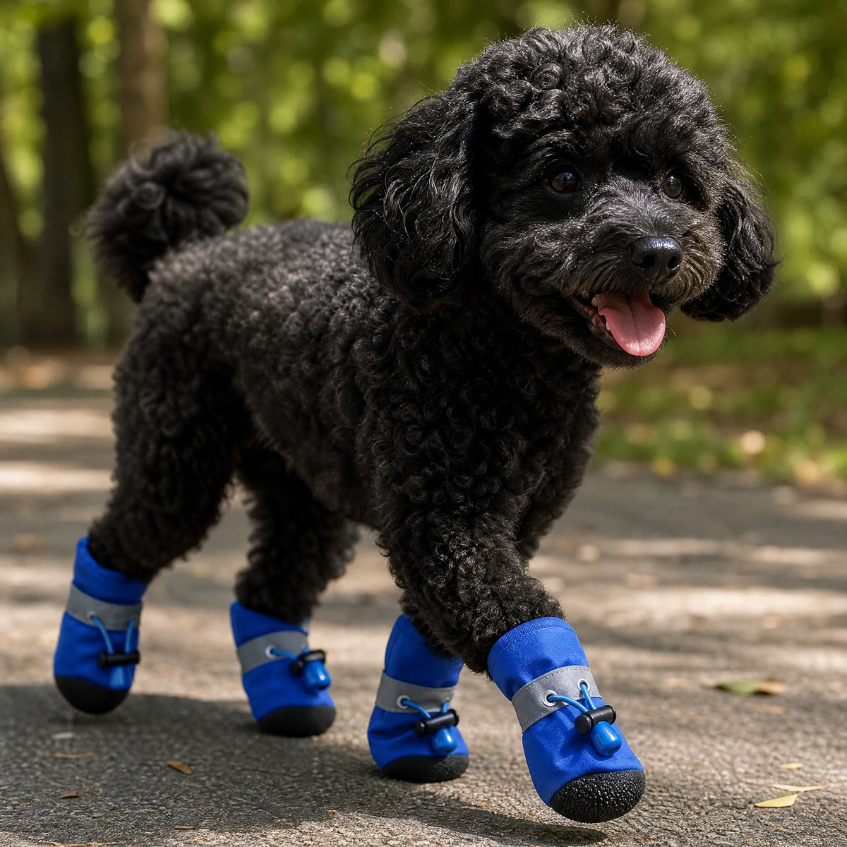 Scarpe per cani impermeabili antiscivolo - cane che cammina all'aperto con le quattro scarpette blu