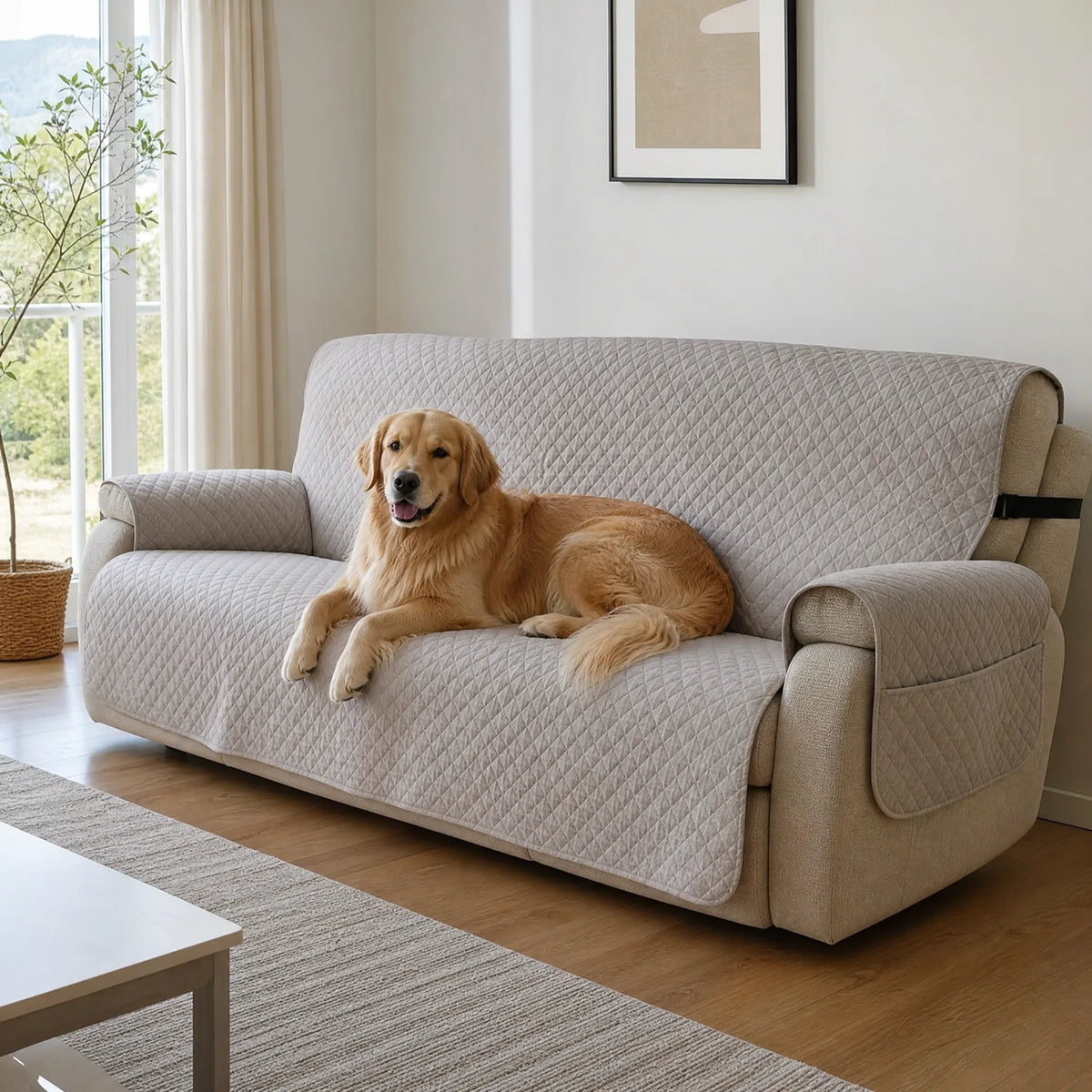 Copridivano trapuntato per cani grigio chiaro con golden retriever sul divano