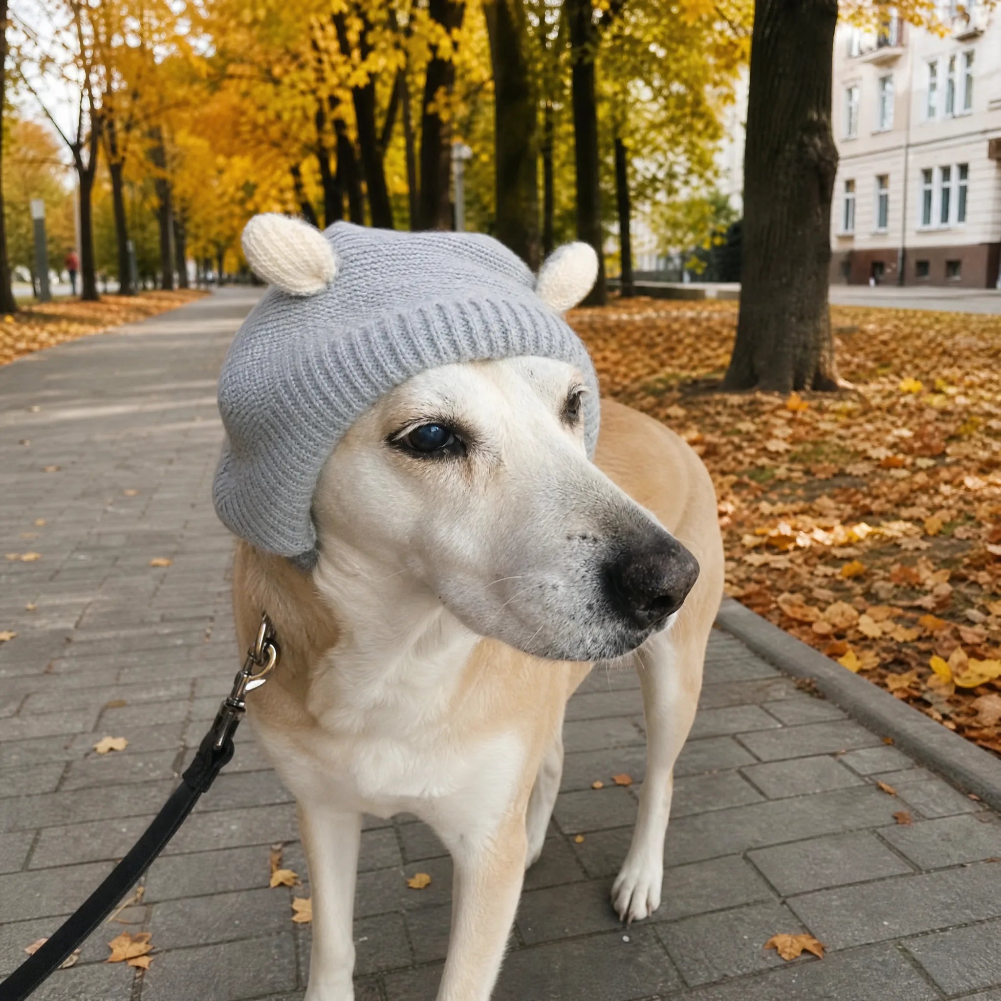 Cane con cuffia antirumore in maglia grigia durante una passeggiata autunnale