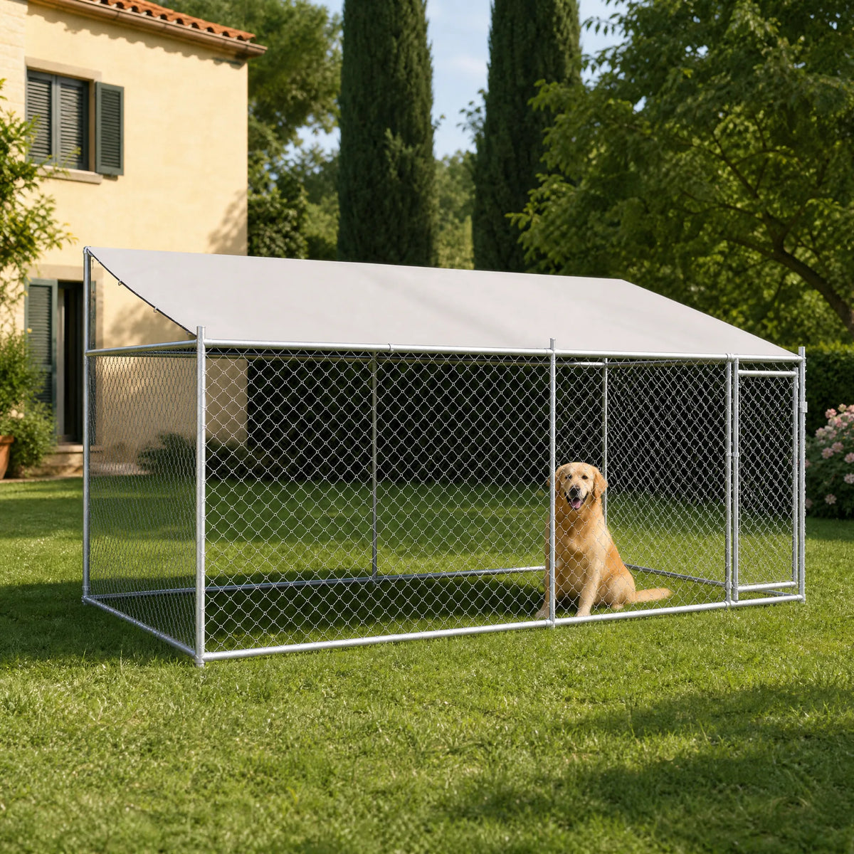 Box per cani da esterno con tetto in giardino con cane