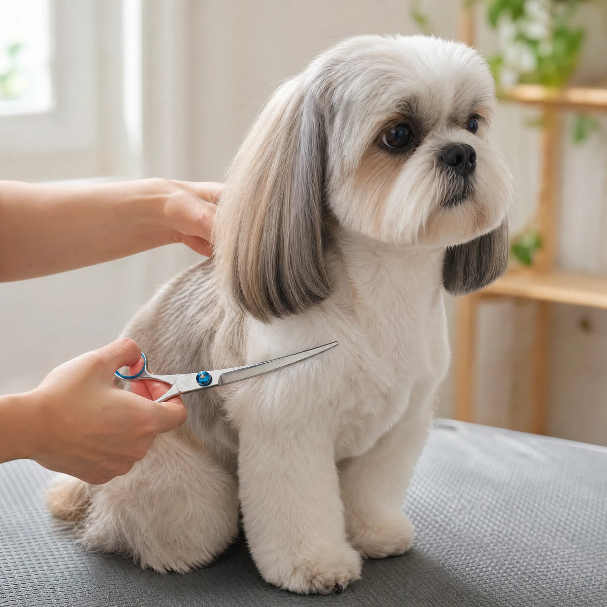 Forbici toelettatura cani in uso su cane piccolo