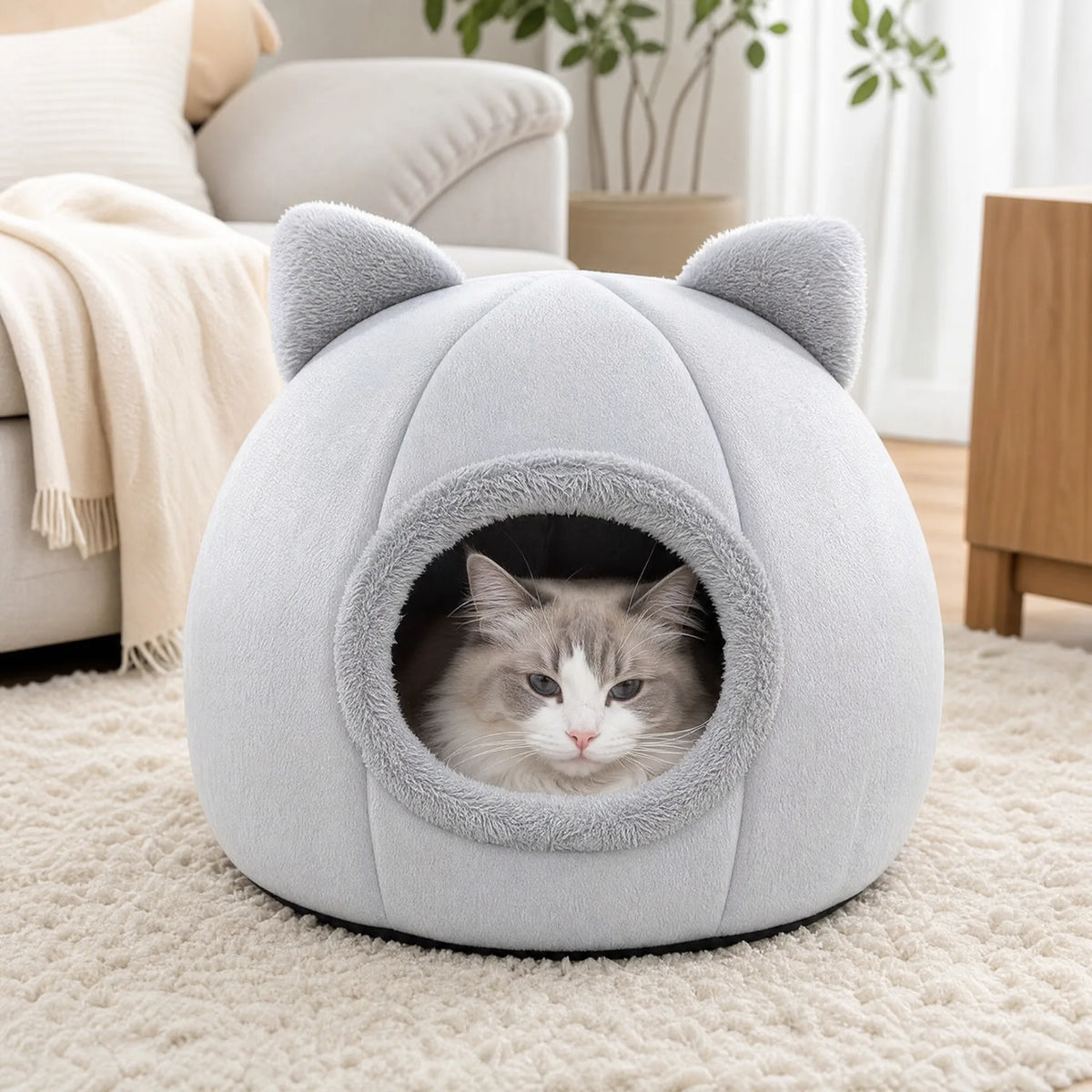 Cuccia gatto igloo con orecchie — gatto nel nido caldo