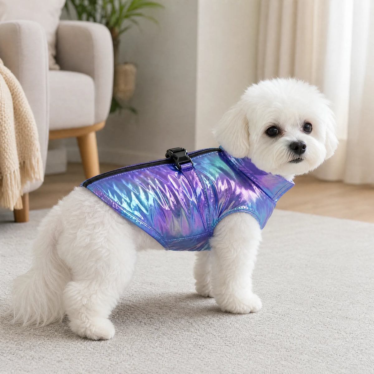 Cane con gilet iridescente viola in casa