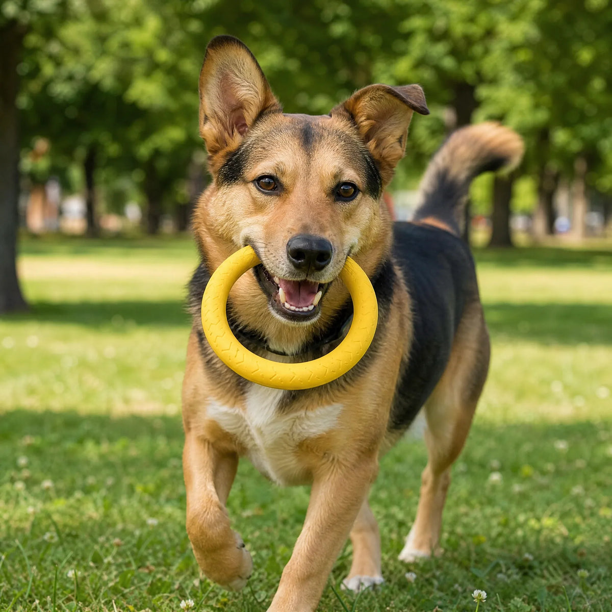 Cane con anello gioco EVA giallo al parco - giochi per cani