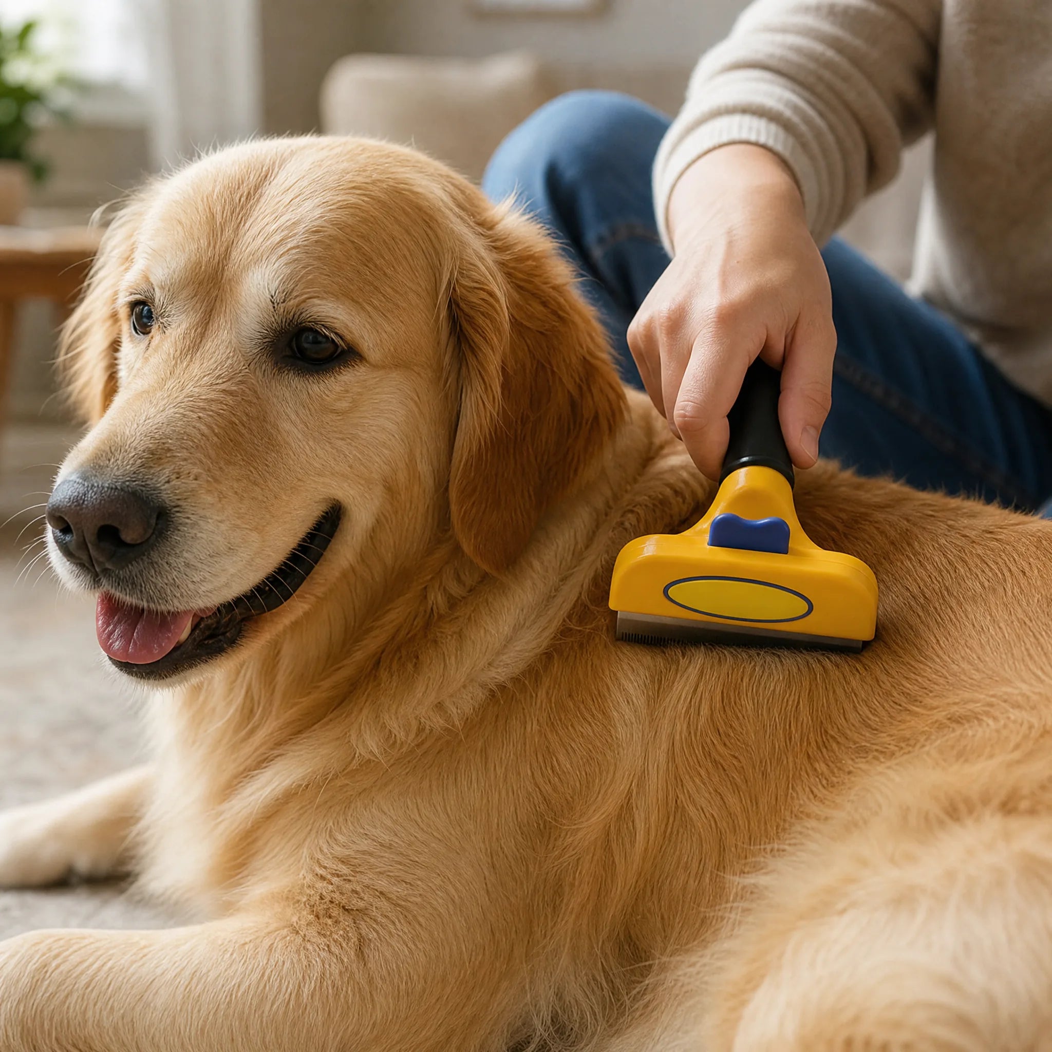 Cane golden retriever spazzolato con cardatore cane sottopelo giallo