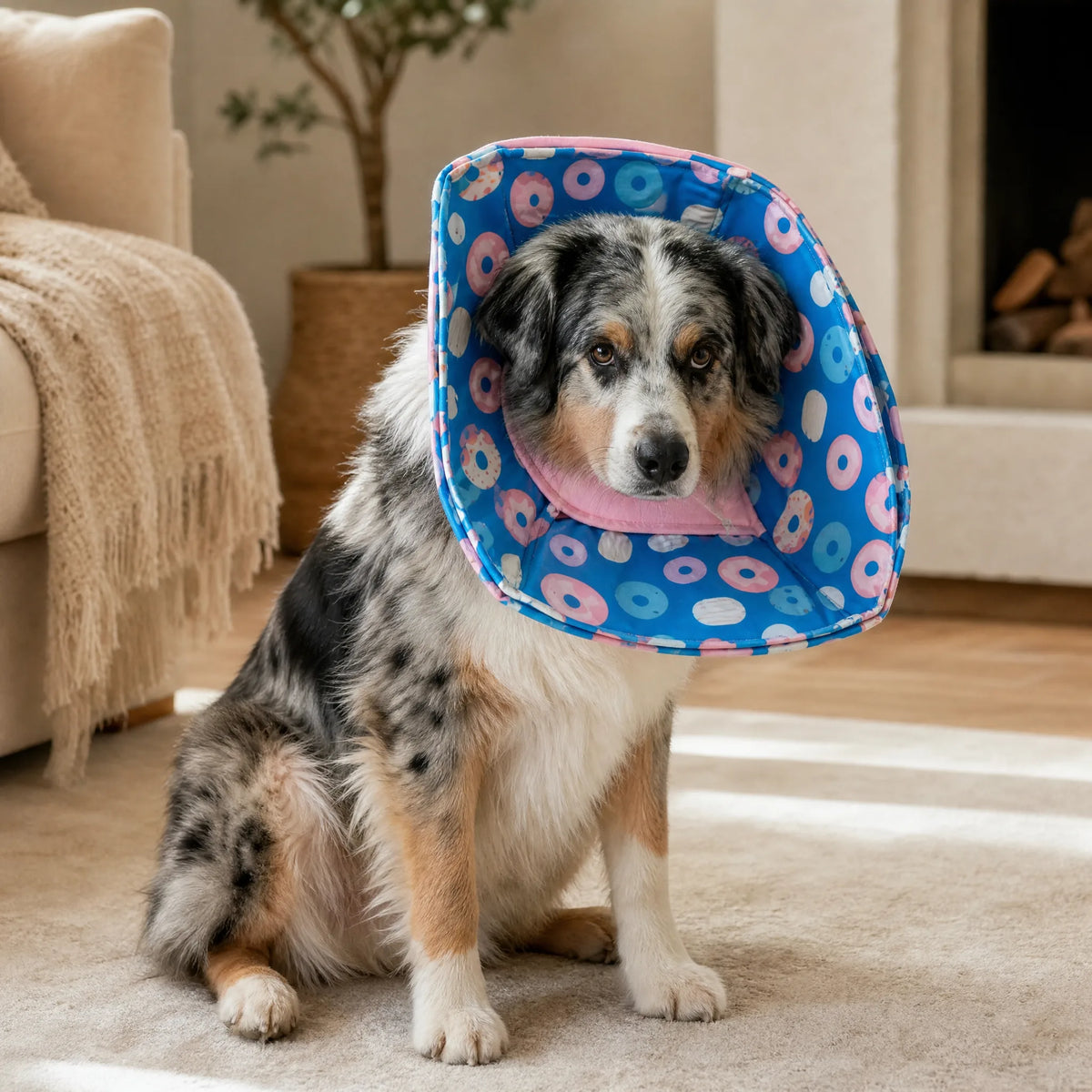 Cane con collare elisabettiano morbido a casa