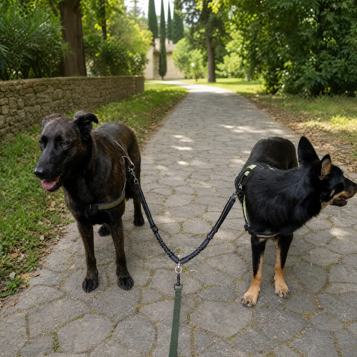 Guinzaglio doppio per 2 cani in passeggiata al parco
