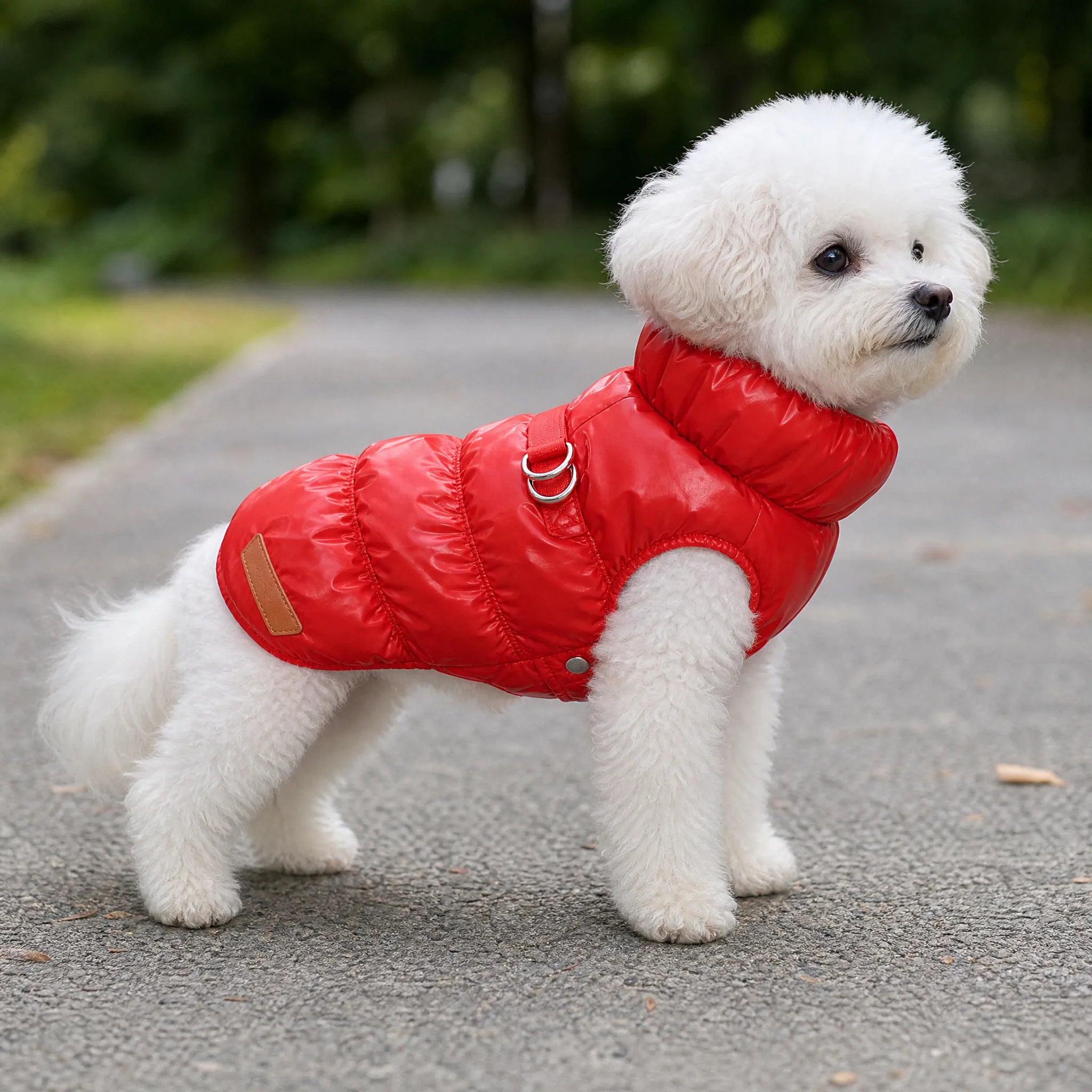 Cane piccolo con cappotto piumino collo alto all'aperto