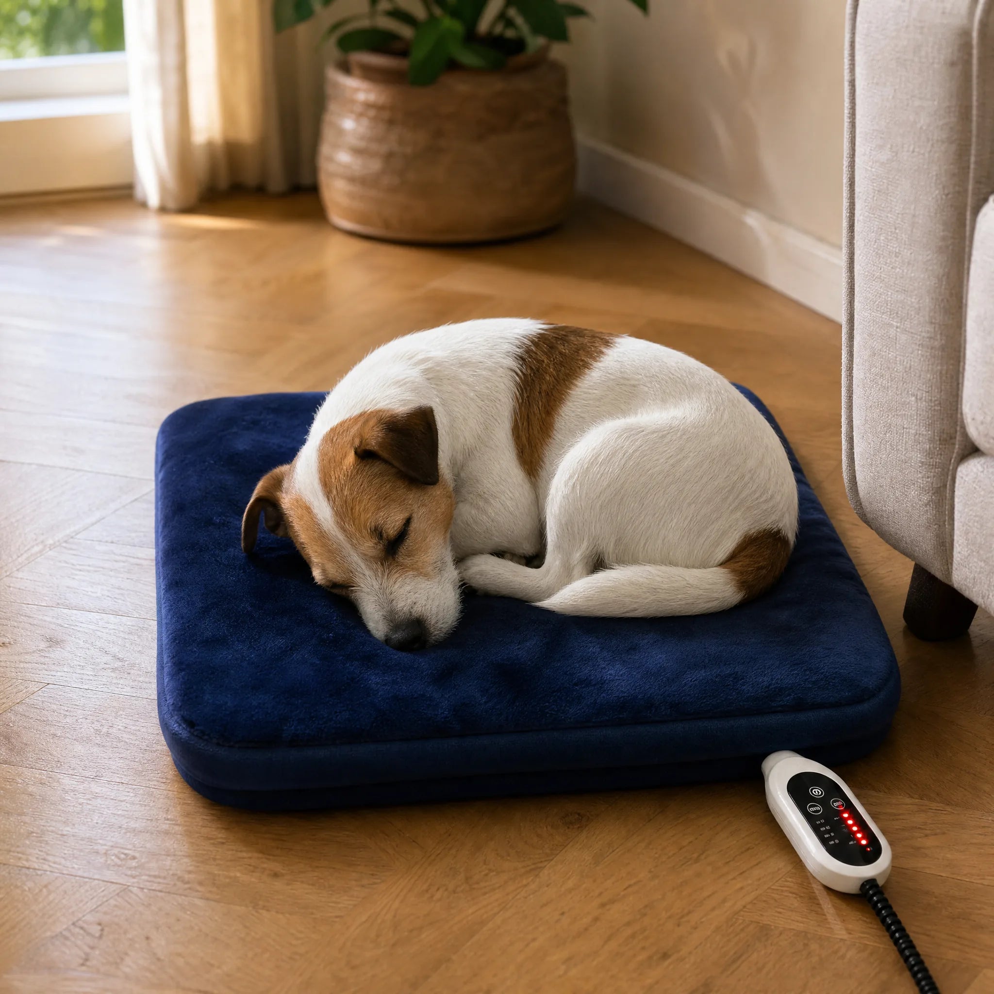Cane che dorme sul tappetino riscaldante blu per cani e gatti